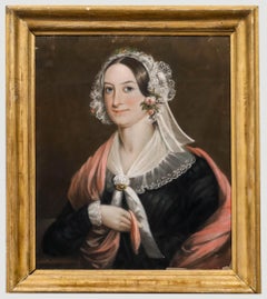 F. Phelps - Encadré vers 1846 Pastel, portrait d'une femme avec fleurs