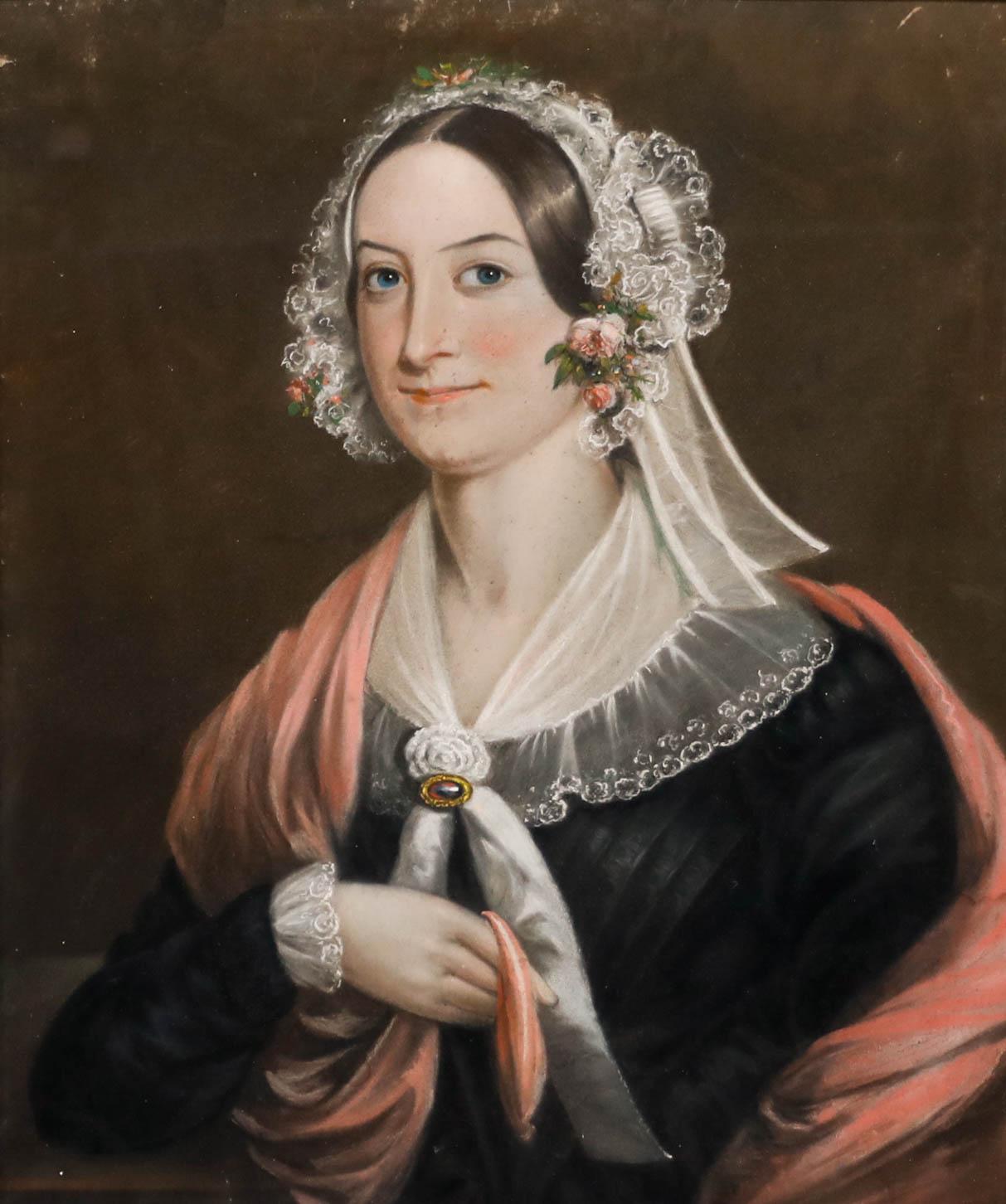 F. Phelps - Pastello incorniciato del 1846 circa, Ritratto di signora con fiori - Art di  Ali Alışır