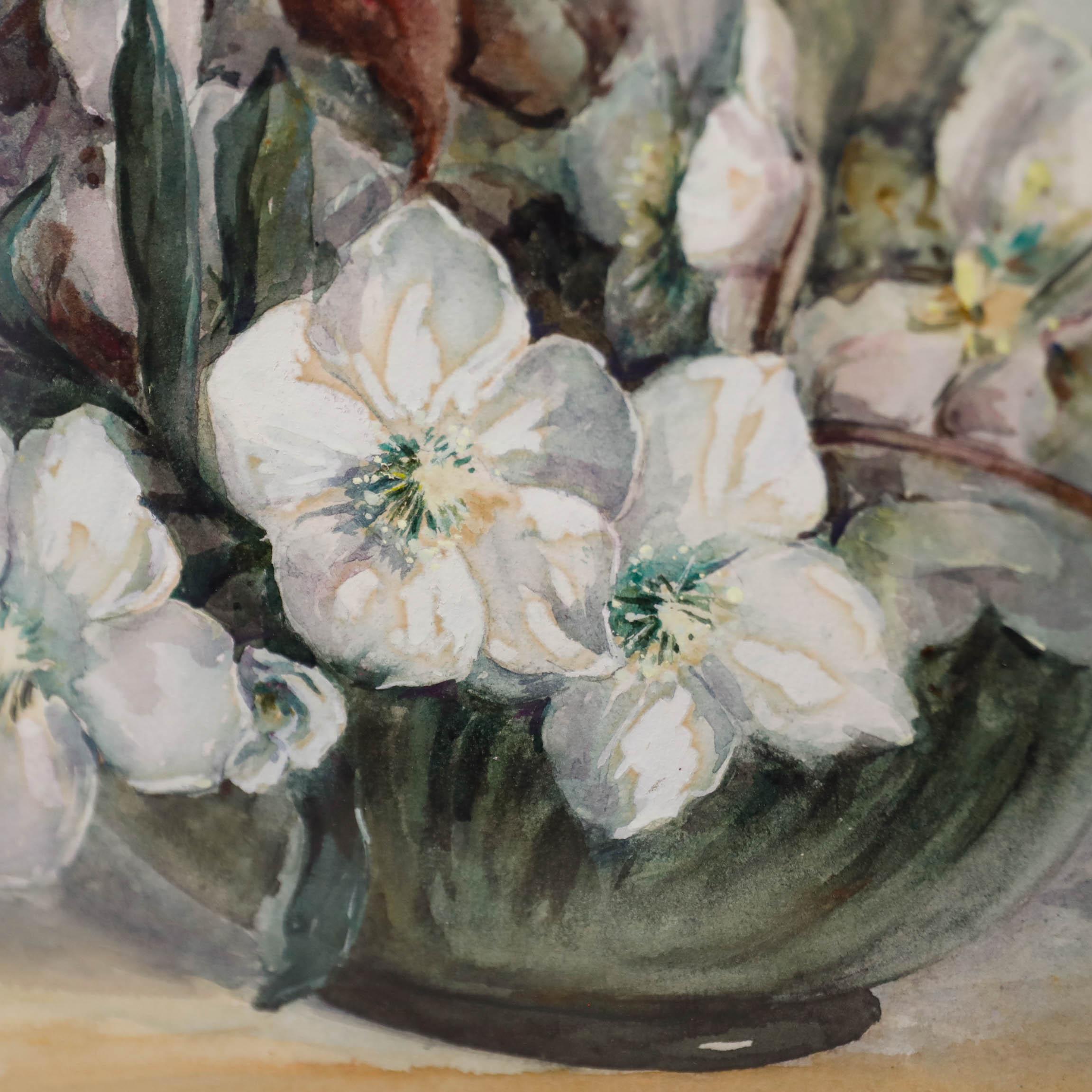 Floral still life. Presented in a gilt-effect frame. Signed to the lower right. On watercolour paper.