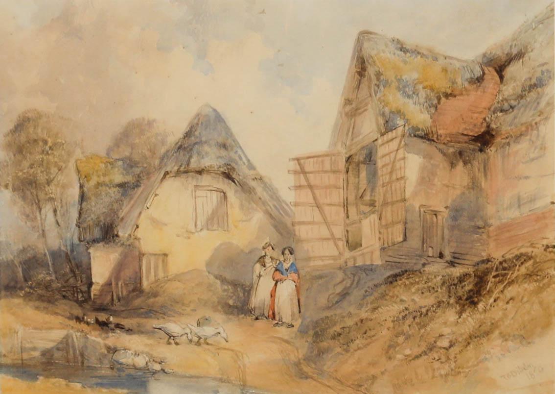 Thomas Colman's (1810-1893) - Aquarelle encadrée, Dames à la ferme - Art de Unknown