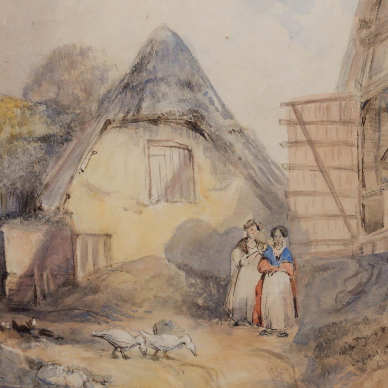 Scène de ferme à l'aquarelle. Signé et daté 1859 en bas à droite. Présenté dans une monture à lavis et un cadre à effet doré. Sur le papier.