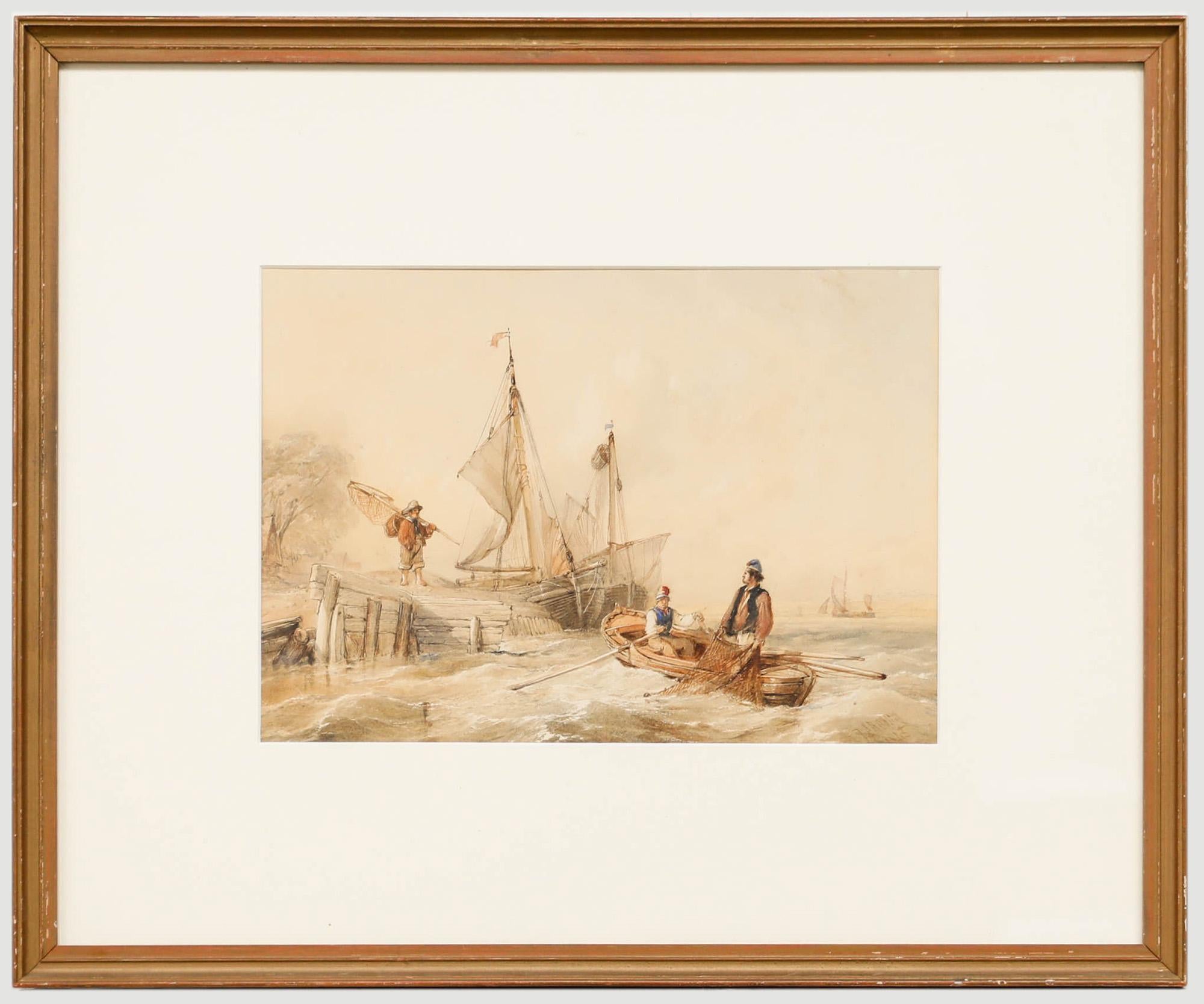 Thomas Robins (1810-1880) - Acquerello incorniciato, Trainare le reti