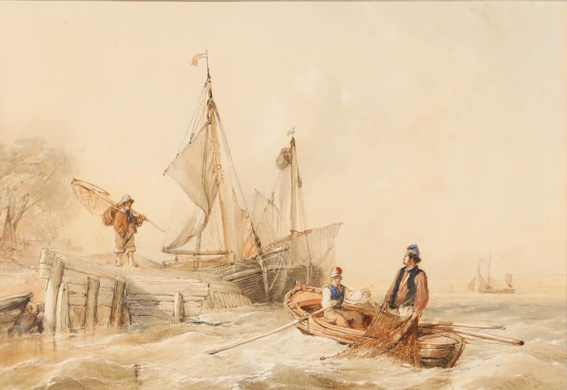Thomas Sewell Robins (1810-1880) - Framed Watercolour, Hauling in the Nets - Art by Unknown