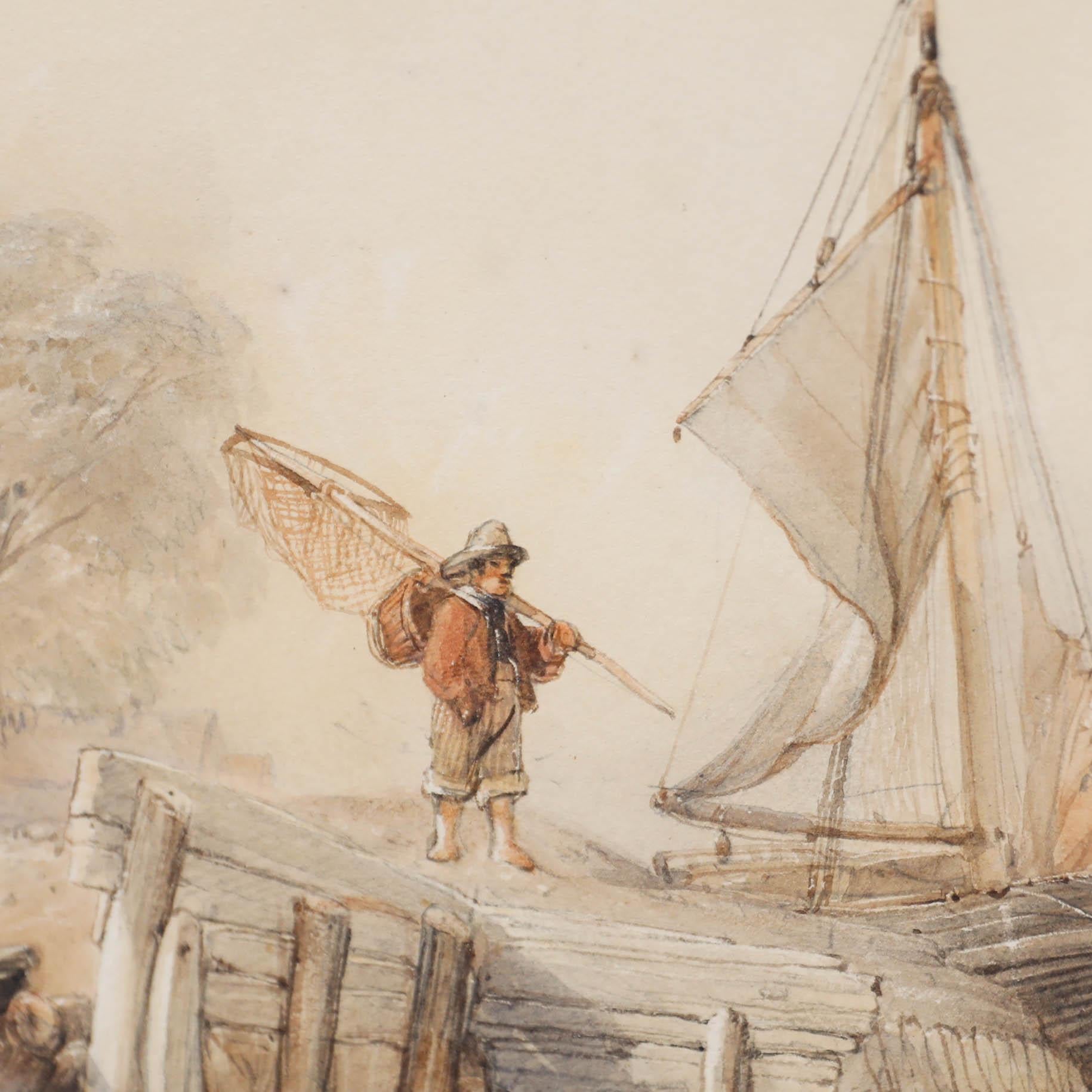 Original watercolour by Thomas Sewell Robins (1810-1880). Fishermen on the Coast. Presented in a distressed gilt-effect frame. Signed. On paper.