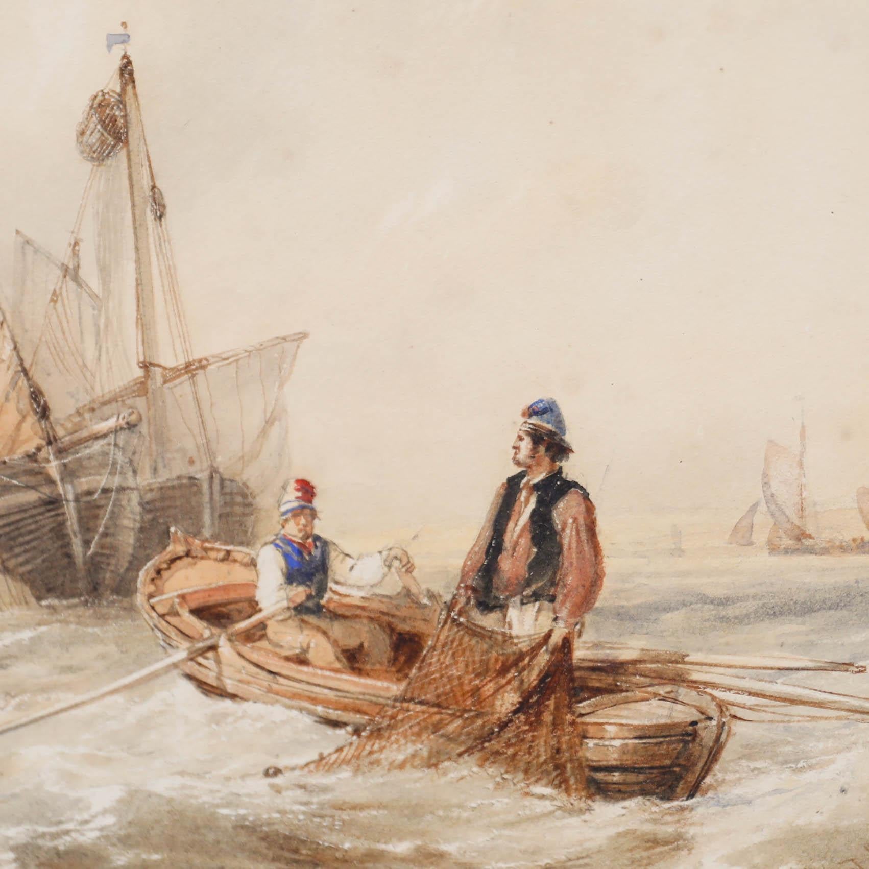 Thomas Sewell Robins (1810-1880) - Framed Watercolour, Hauling in the Nets For Sale 1