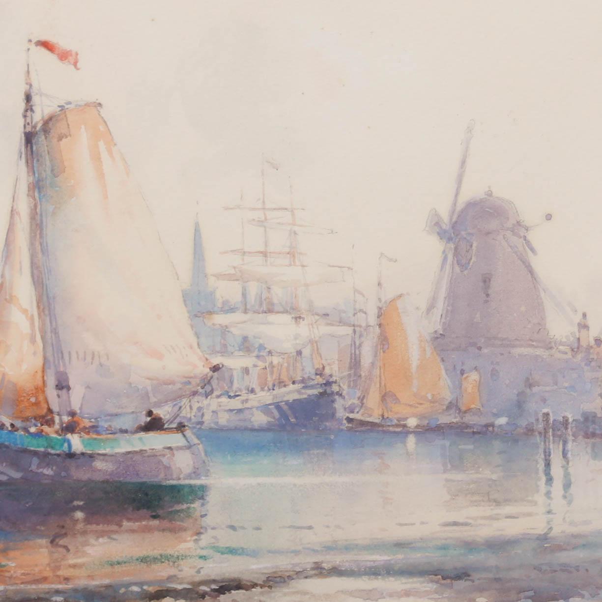 Eine charmante Aquarellstudie von Wilfred Knox, die Schiffe im Amsterdamer Haupthafen zeigt. Signiert unten links. Elegant montiert in einem Rahmen mit Goldprägung. Auf dem Papier. 
