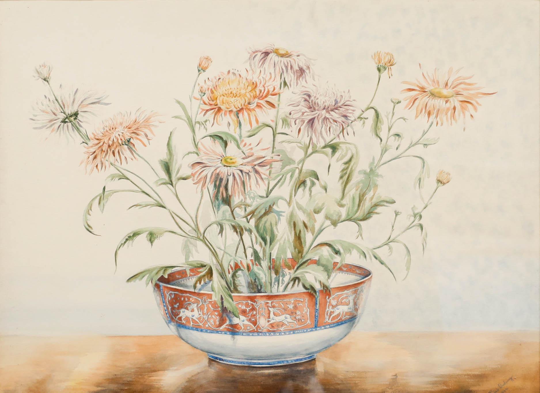 Winifred Barkaway (1915-2010) - 1946 Aquarell, Chrysantheme und Porzellan – Art von Unknown