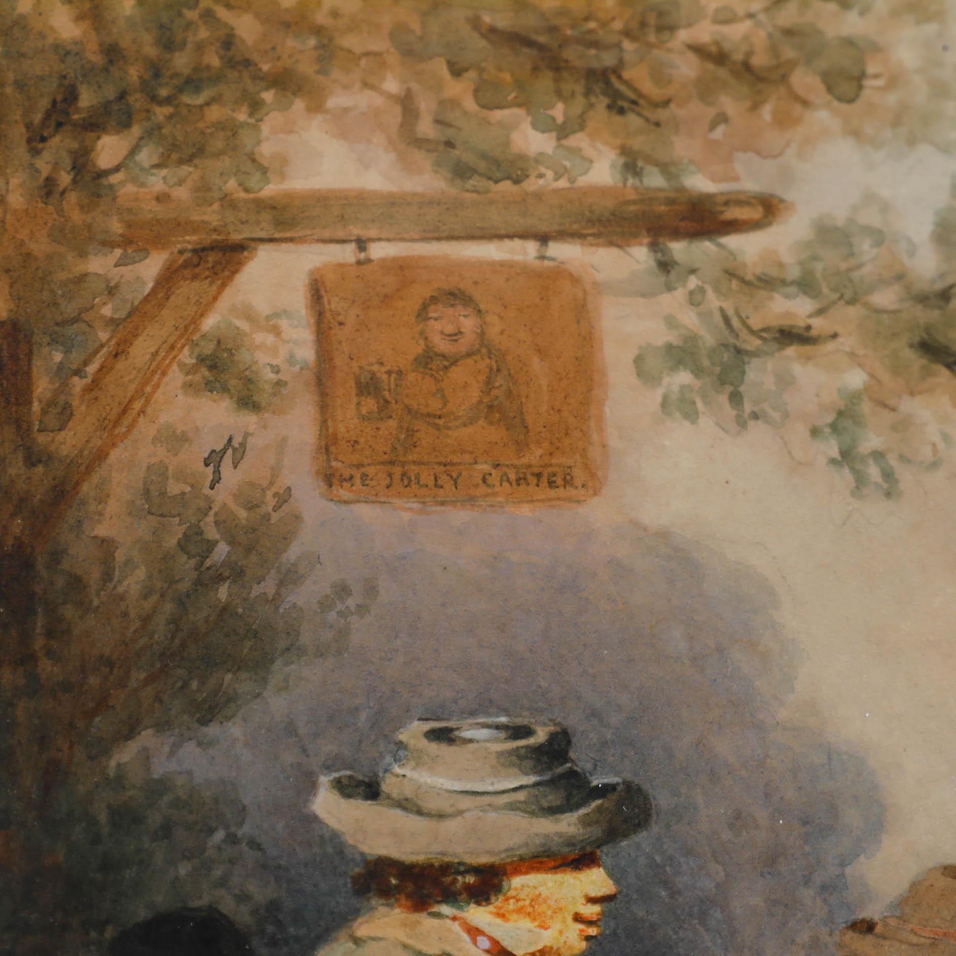 Genre scene in watercolour. Presented in charming gilt wood frame. Unsigned. On paper.