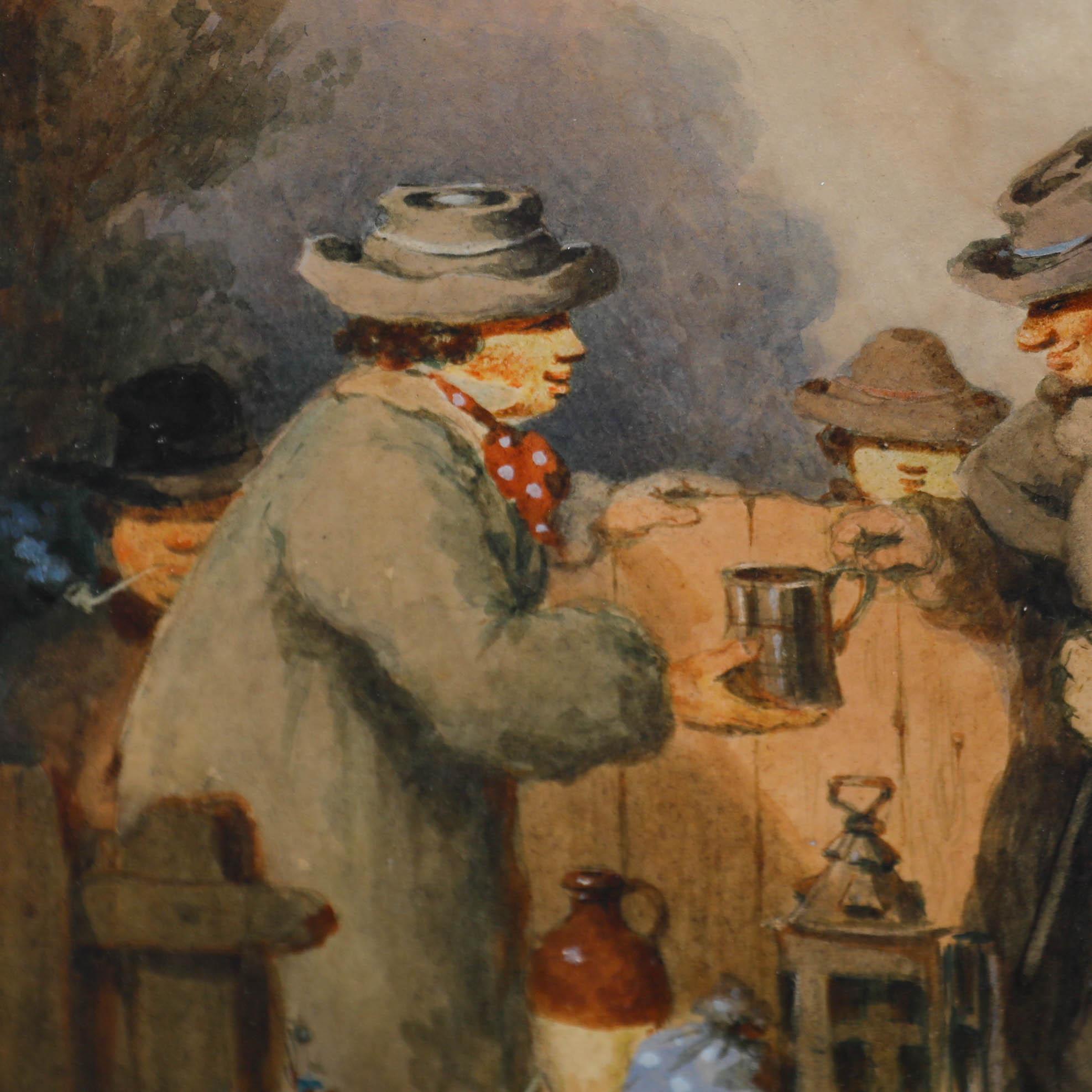 Framed Late 19th Century Watercolour - Gentleman at The Jolly Carter Pub For Sale 1