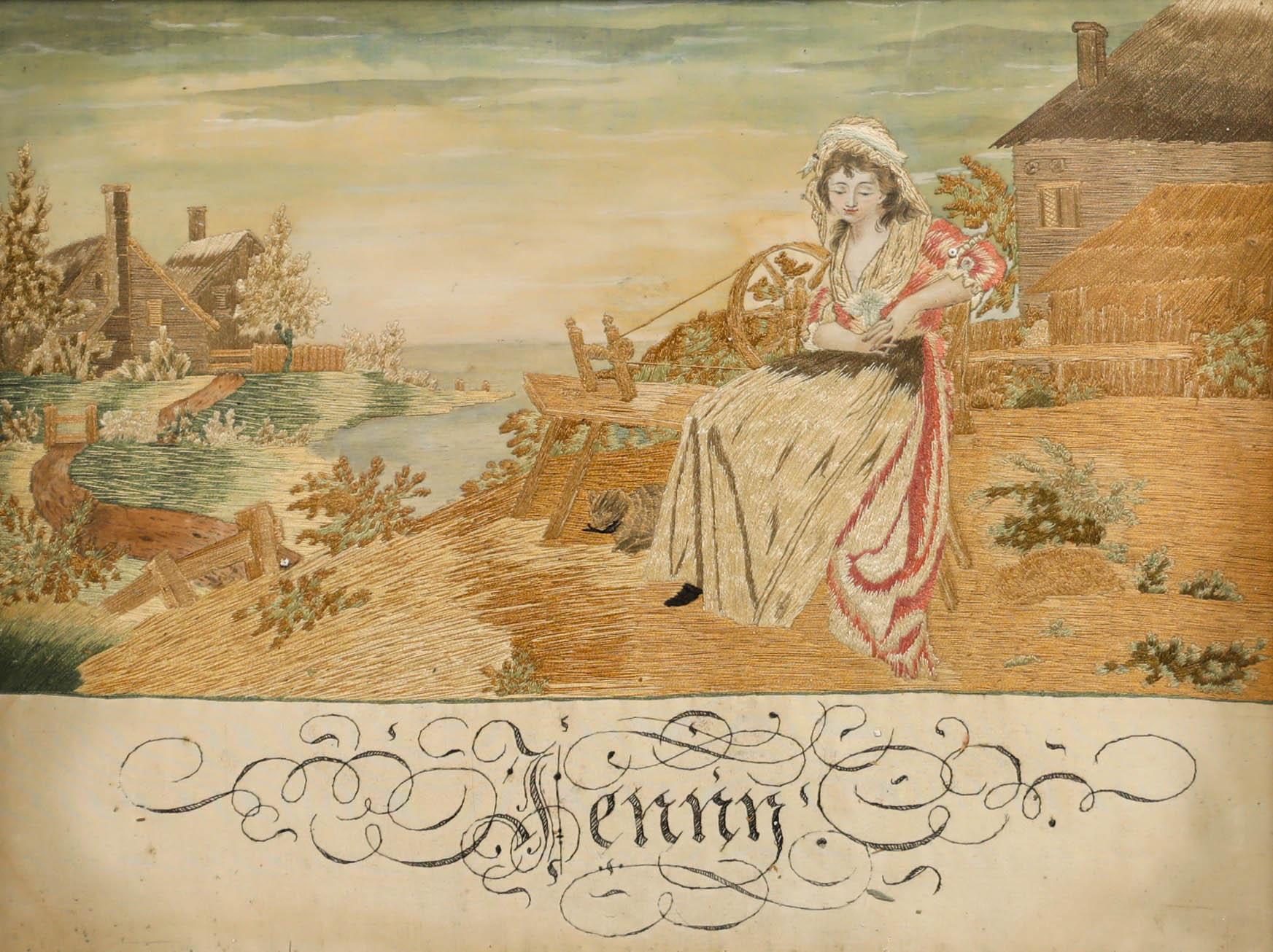 Un charmant ouvrage de broderie représentant une jeune femme filant du fil devant une ferme au bord de la rivière. L'artiste a brodé 