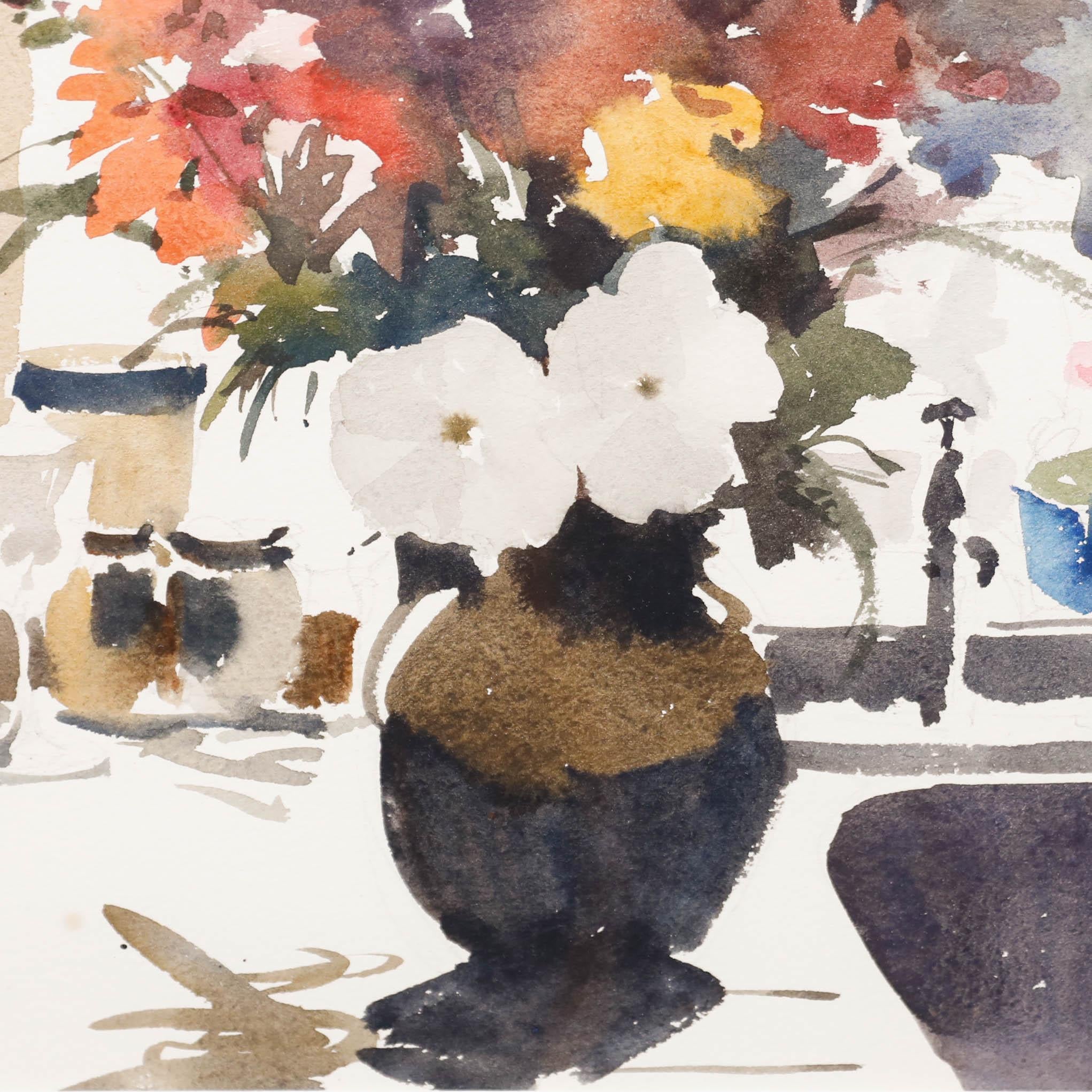 John Yardley (b.1933), original watercolour. Still life of flowers in a brown vase, sitting on a draining board with other kitchen objects nearby. Presented in a contemporary silver gilt frame. Signed in pencil to the lower left with exhibition