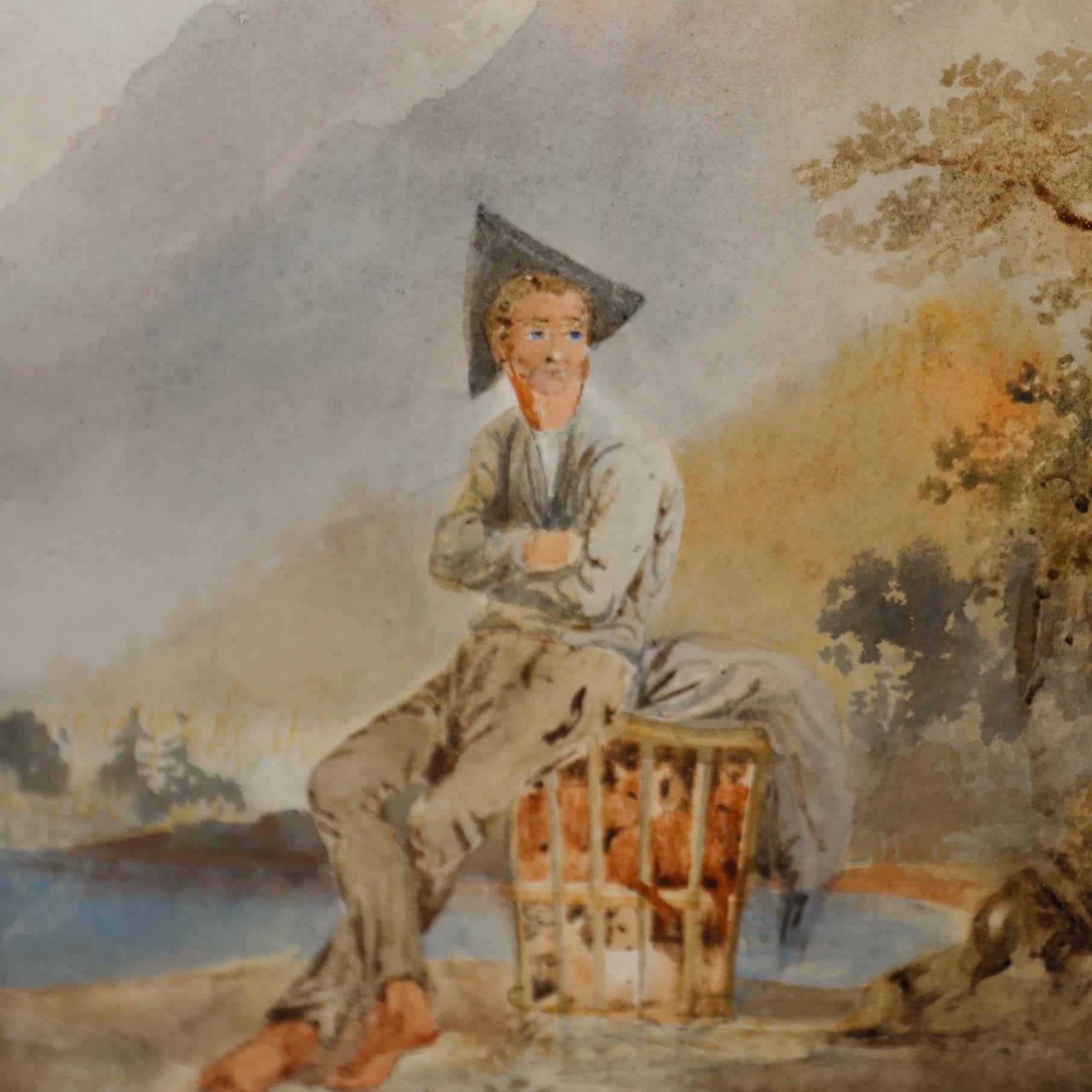 A charismatic study of a young man and a fox trap in a mountainous landscape. Unsigned. Presented in varnished wooden frame. On paper.