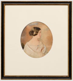 Feines Aquarell aus der Mitte des 19. Jahrhunderts – Seitenprofil einer jungen Frau