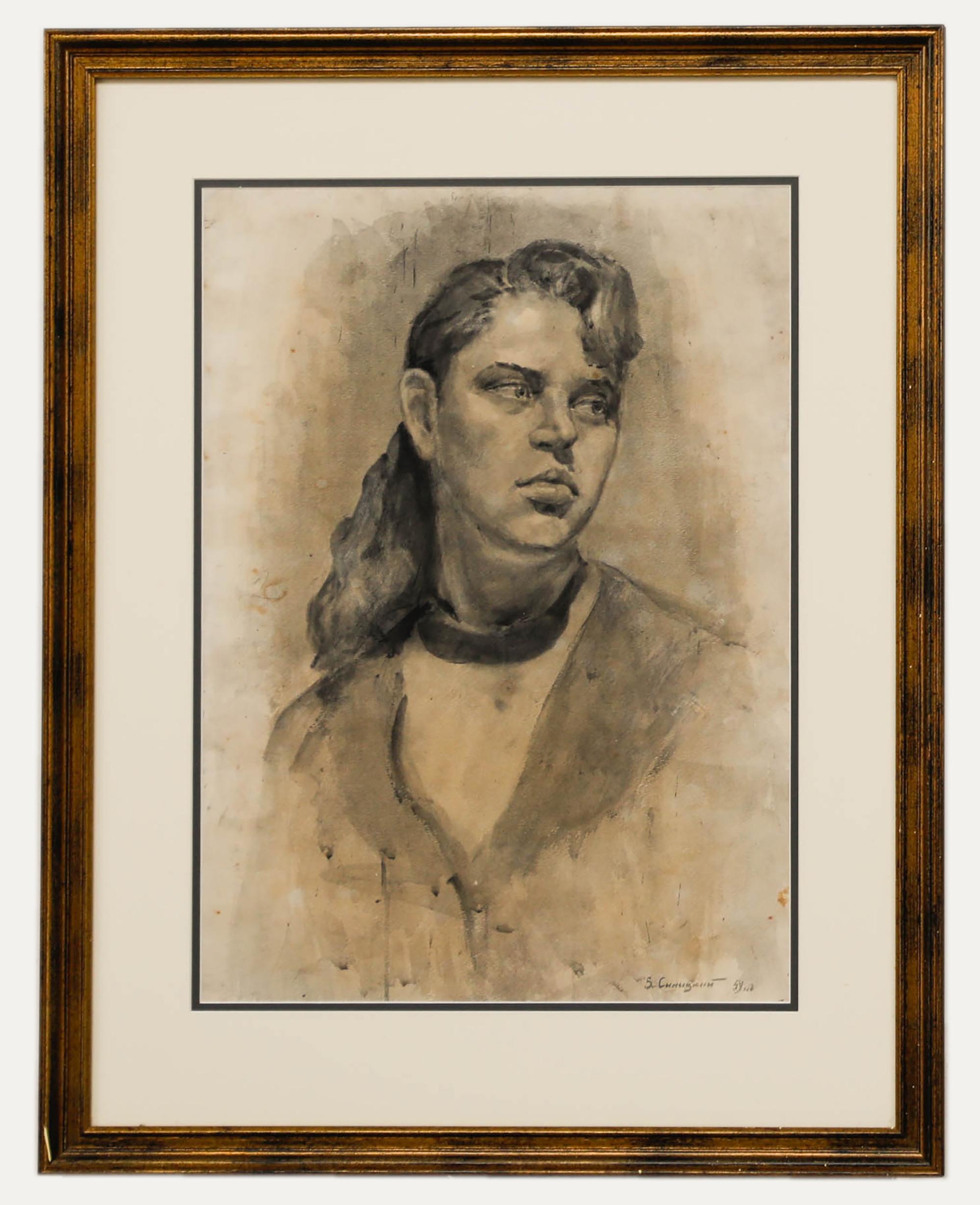 Unknown Portrait – Vladimir Sinitski (1896-1980) -Aquarell, Frau in Monochrome