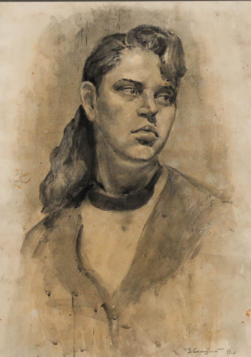 Vladimir Sinitski (1896-1980) -Aquarell, Frau in Monochrome – Art von Unknown
