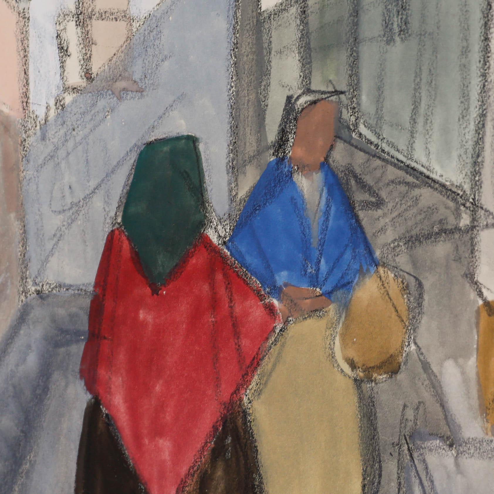 Un'opera vivace della metà del secolo che raffigura due donne orientali intente a chiacchierare in un tranquillo vicolo laterale. A sinistra dei tre tacchini si vedono delle gabbie. L'artista ha completato la composizione con una tavolozza colorata