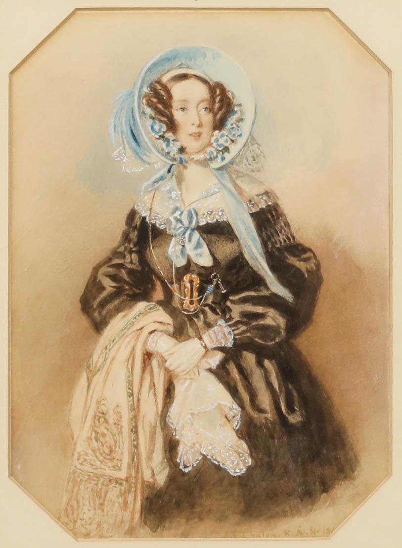 Alfred Edward Chalon RA (1780-1860) - ca. 1810 Aquarell, Dame in einem blauen Bonnet im Angebot 1