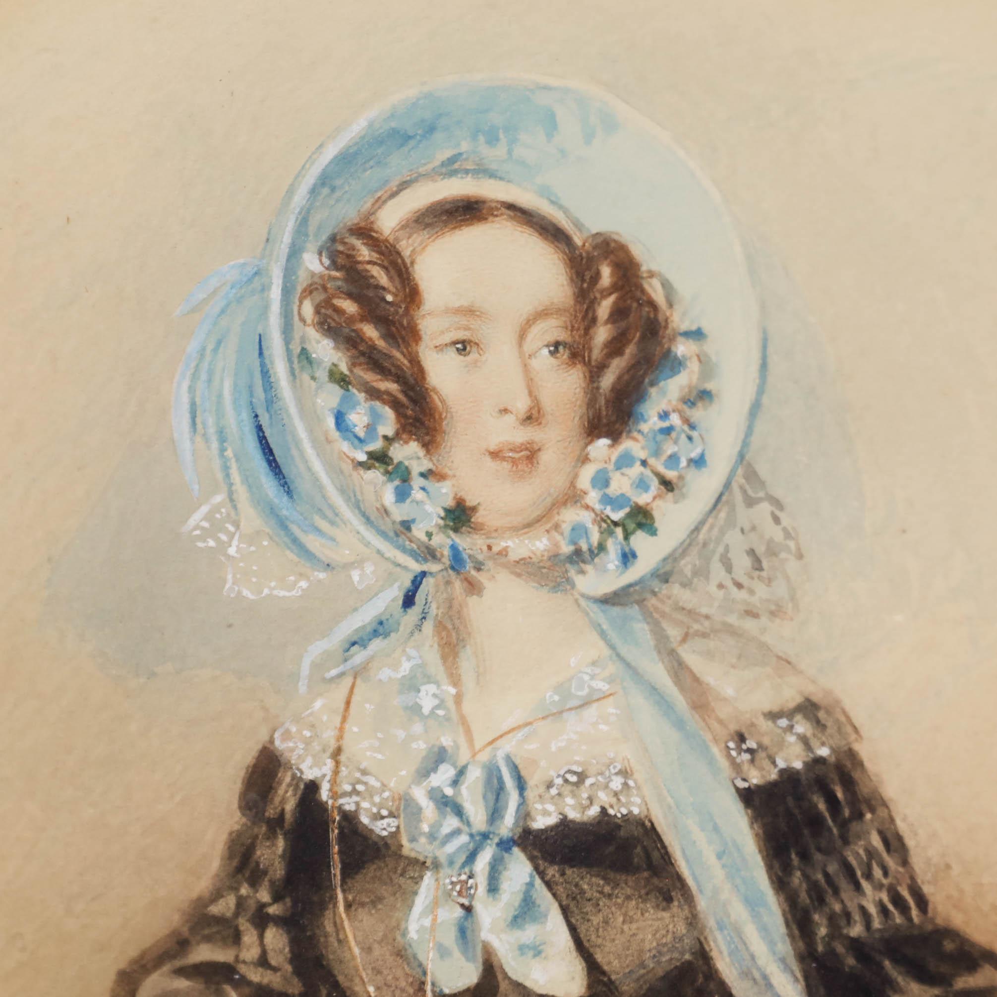 Alfred Edward Chalon RA (1780-1860) - ca. 1810 Aquarell, Dame in einem blauen Bonnet im Angebot 4