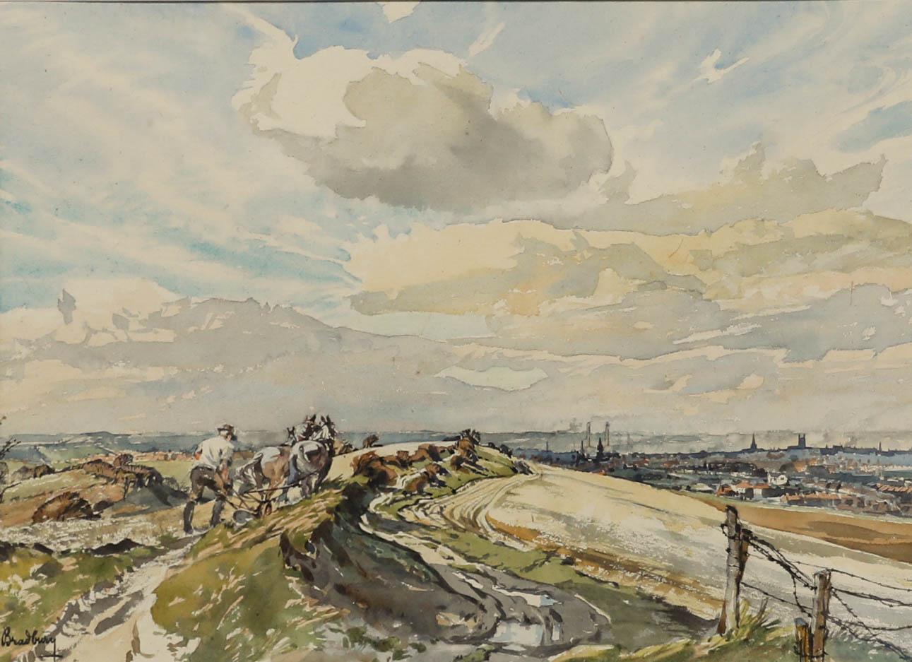 Arthur Royce Bradbury ARWA (1892-1977) - Gerahmtes Aquarell, Farming City Hills im Angebot 1