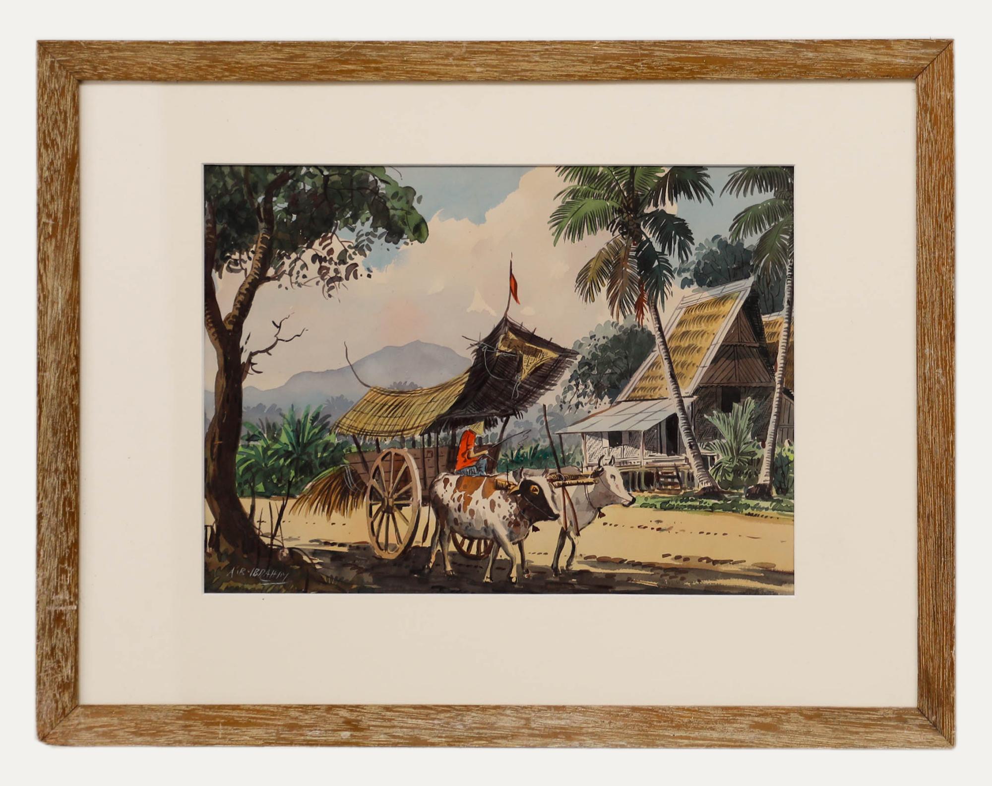 Abu Bakar Ibrahim (1925-1977) - original watercolour. Malaysian village scene with farmer riding an oxen drawn cart. To the background sits a traditional Malaysian house, built from wood and raised on stilts, with a thatched roof made from woven