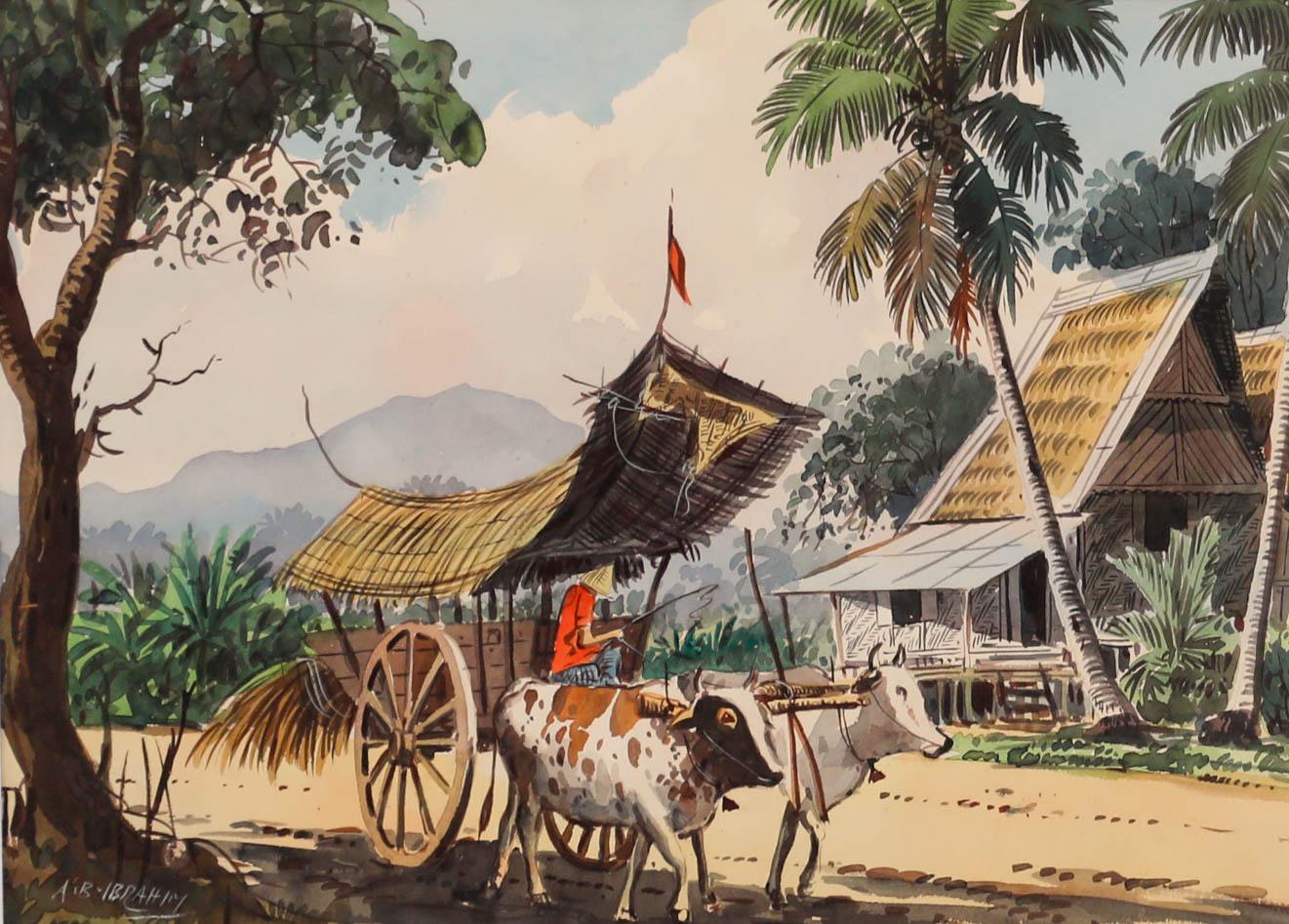 Abu Bakar Ibrahim (1925-1977) - Framed Watercolour, Farmer with Oxen Drawn Cart For Sale 1