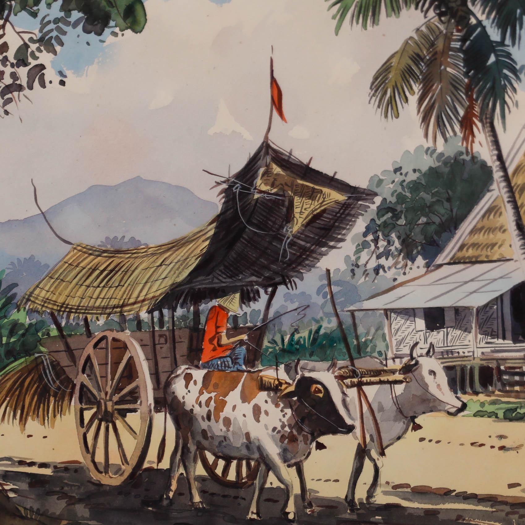 Abu Bakar Ibrahim (1925-1977) - Framed Watercolour, Farmer with Oxen Drawn Cart For Sale 3