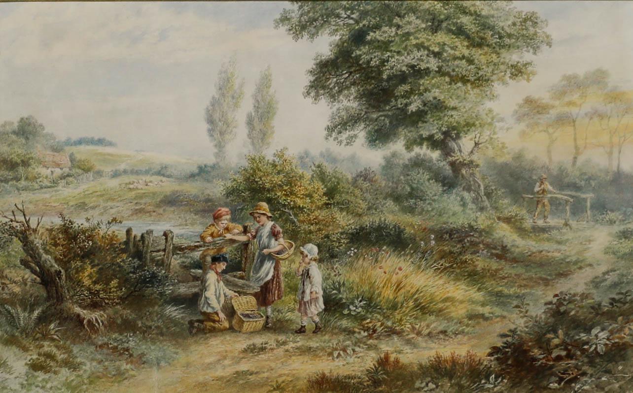 Attrib. Horace Hammond (1842-1926) - Framed Watercolour, Children by a Stile 1