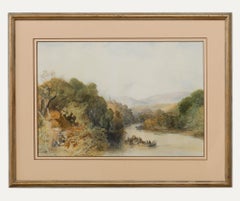 Aquarelle du 19e siècle - Batelier devant le château