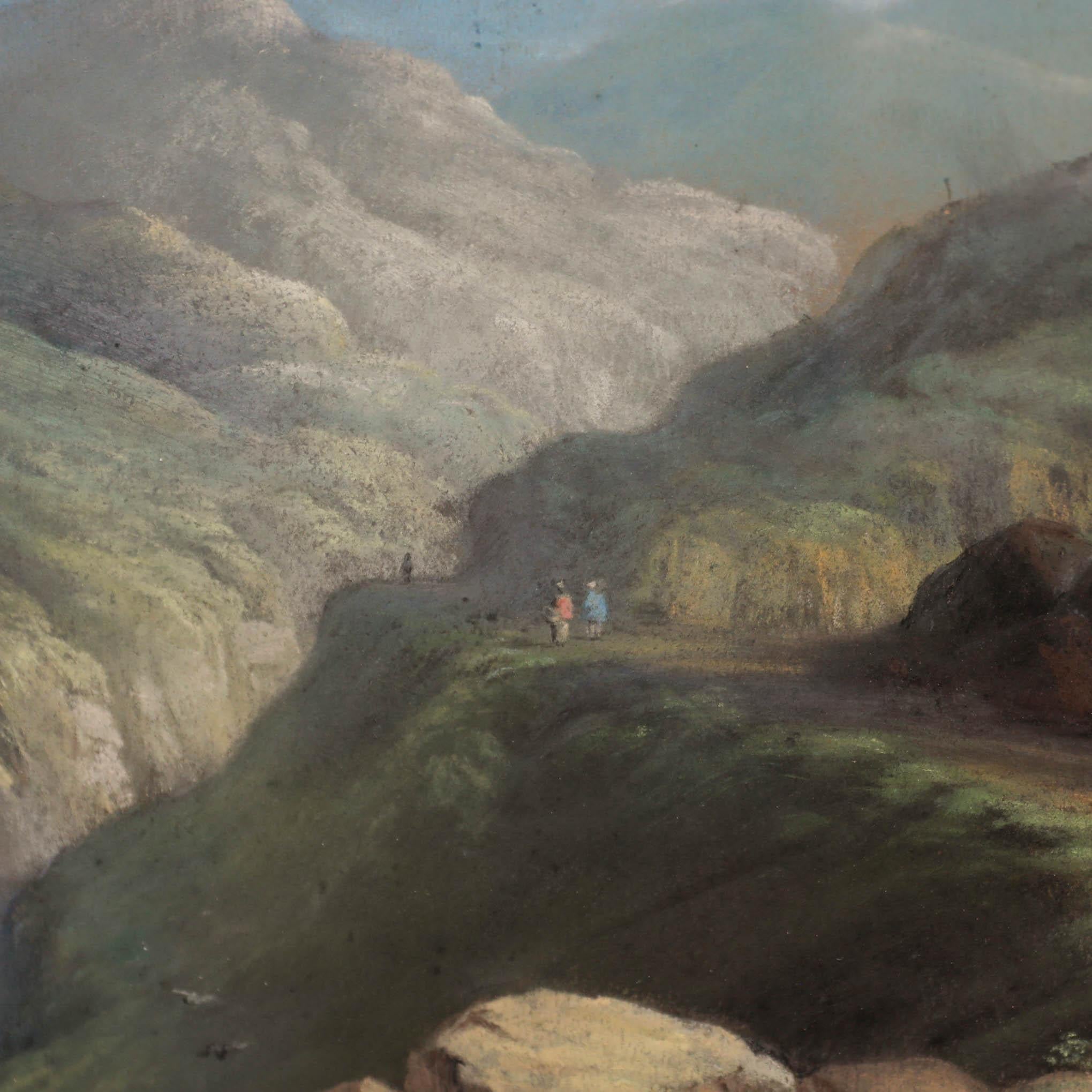 Una deliciosa escena continental que representa figuras recorriendo un sinuoso camino de montaña. Firmado ilegiblemente. Fechada en 1849. Presentado en un marco dorado. Sobre el papel.