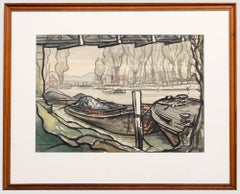 John Weston - Framed Mid 20th Century Watercolour, Barges at Teddington Lock