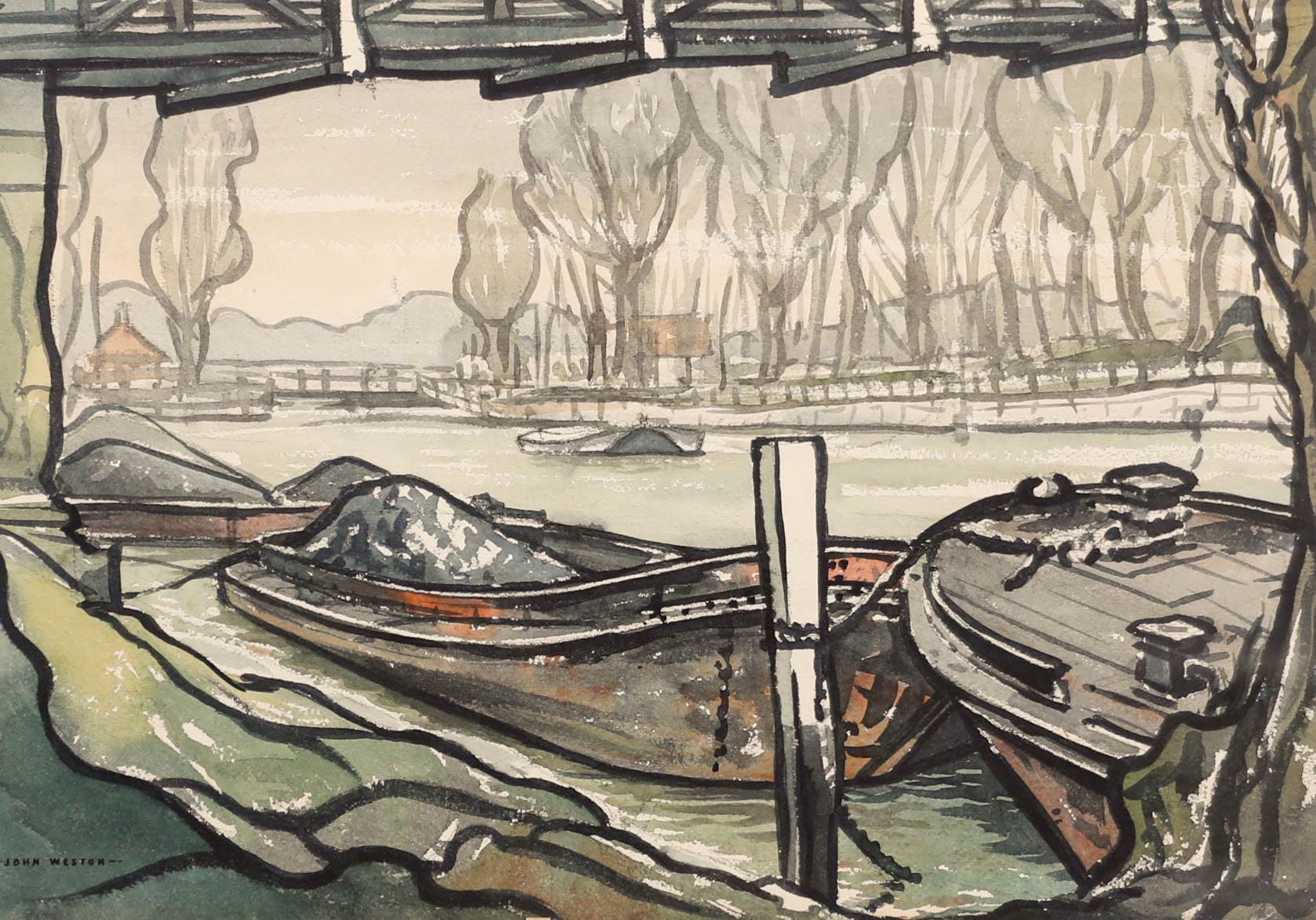 John Weston - Framed Mid 20th Century Watercolour, Barges at Teddington Lock - Art by Unknown