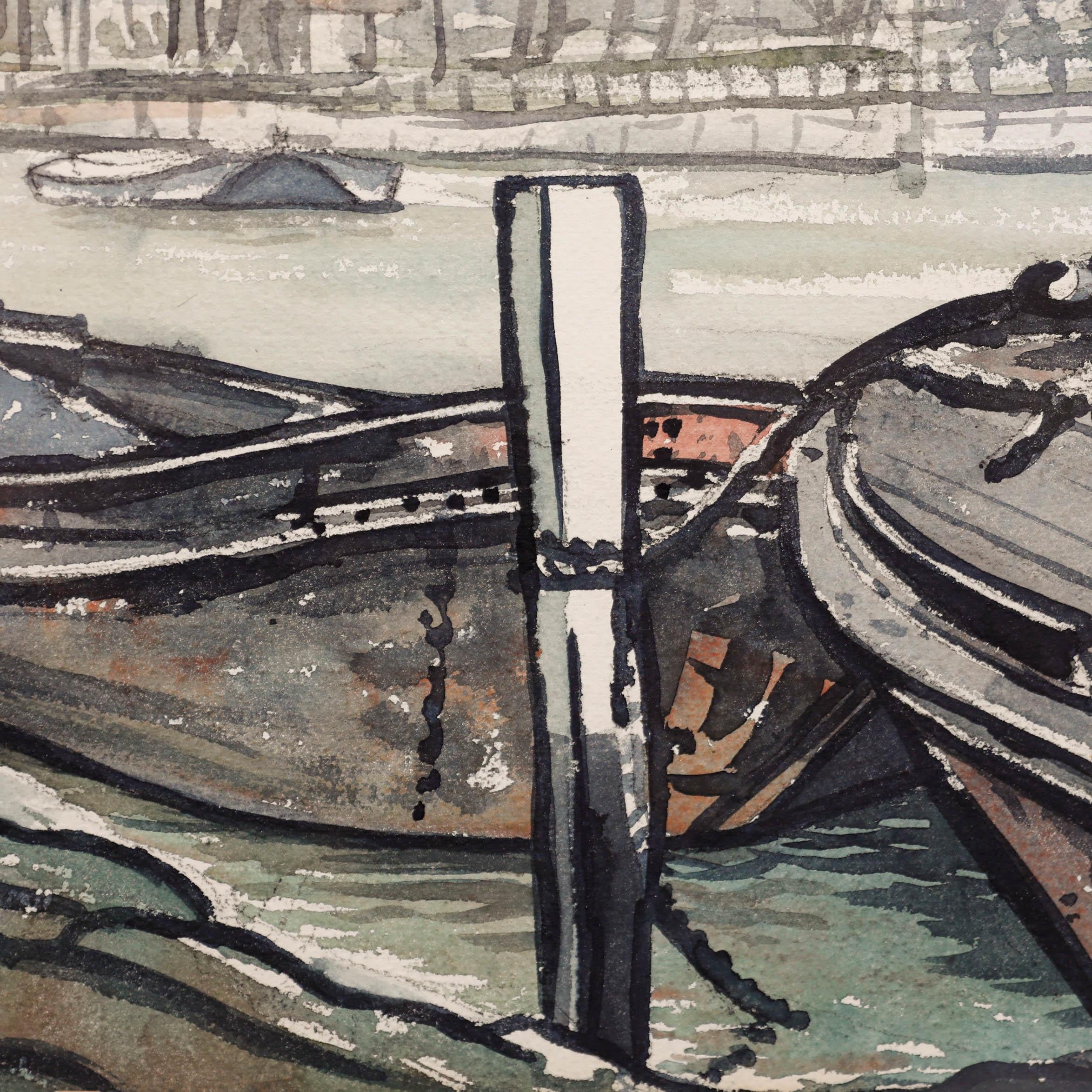 John Weston - Framed Mid 20th Century Watercolour, Barges at Teddington Lock - Beige Landscape Art by Unknown