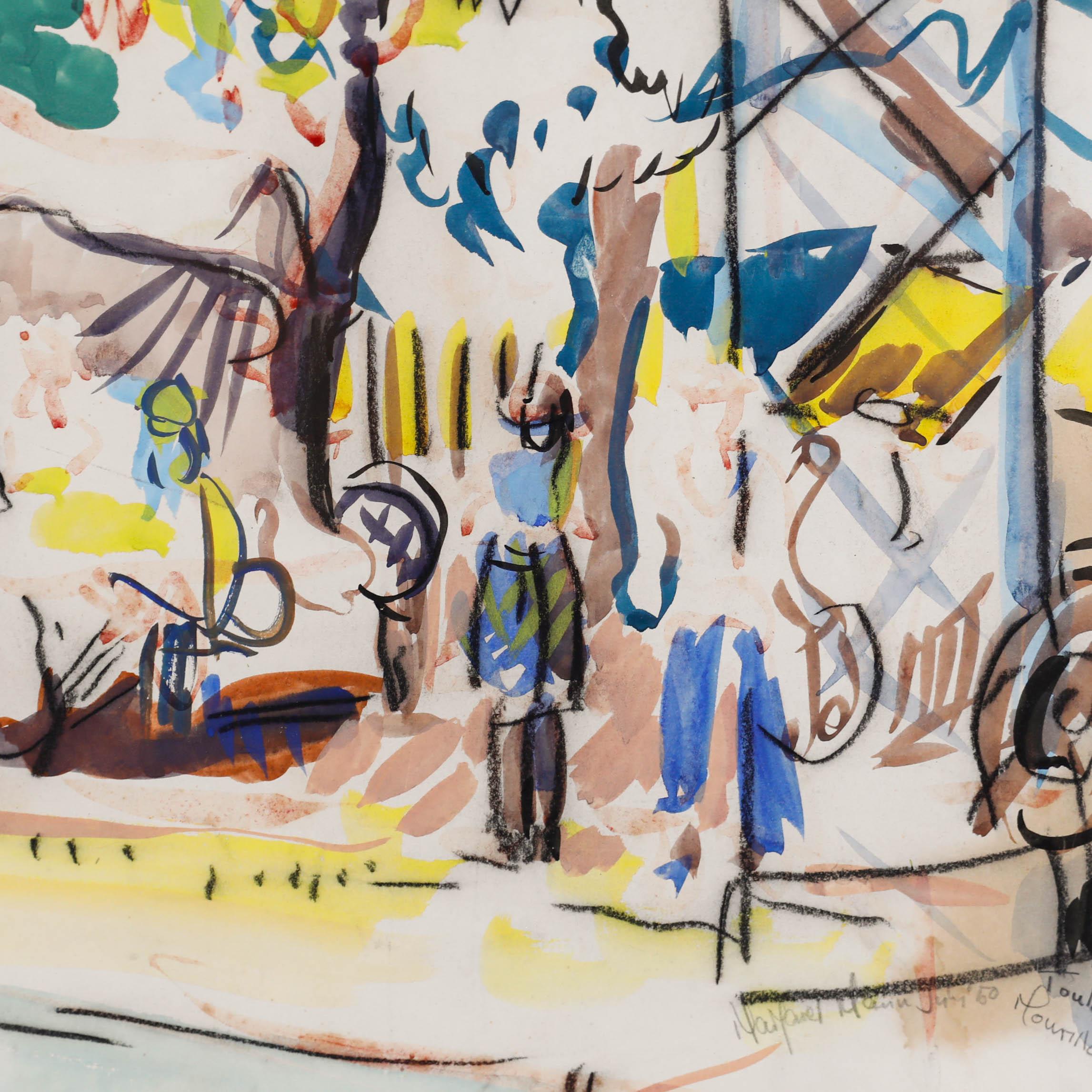 Expressionist scene in watercolour with hints of charcoal throughout. Presented in a 20th century frame. Indistinctly signed to the lower right and dated, 1950. On paper. 