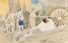 Wagons in the Field, Pologne par Peter Potworowski, paysage à l'aquarelle, 1958