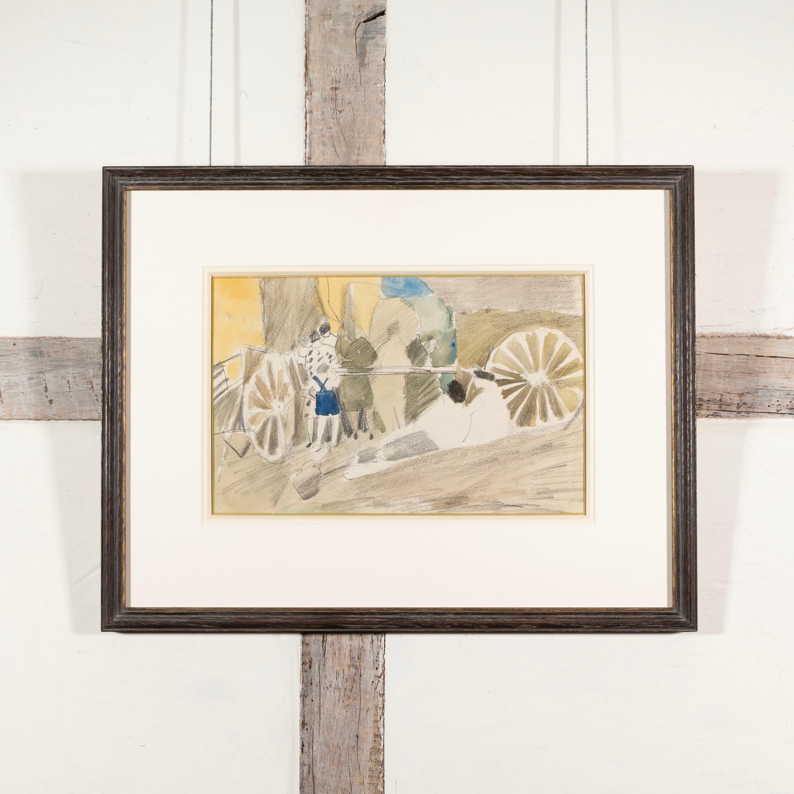 Vagones en el campo, Polonia de Peter Potworowski, Paisaje en acuarela, 1958 en venta 2