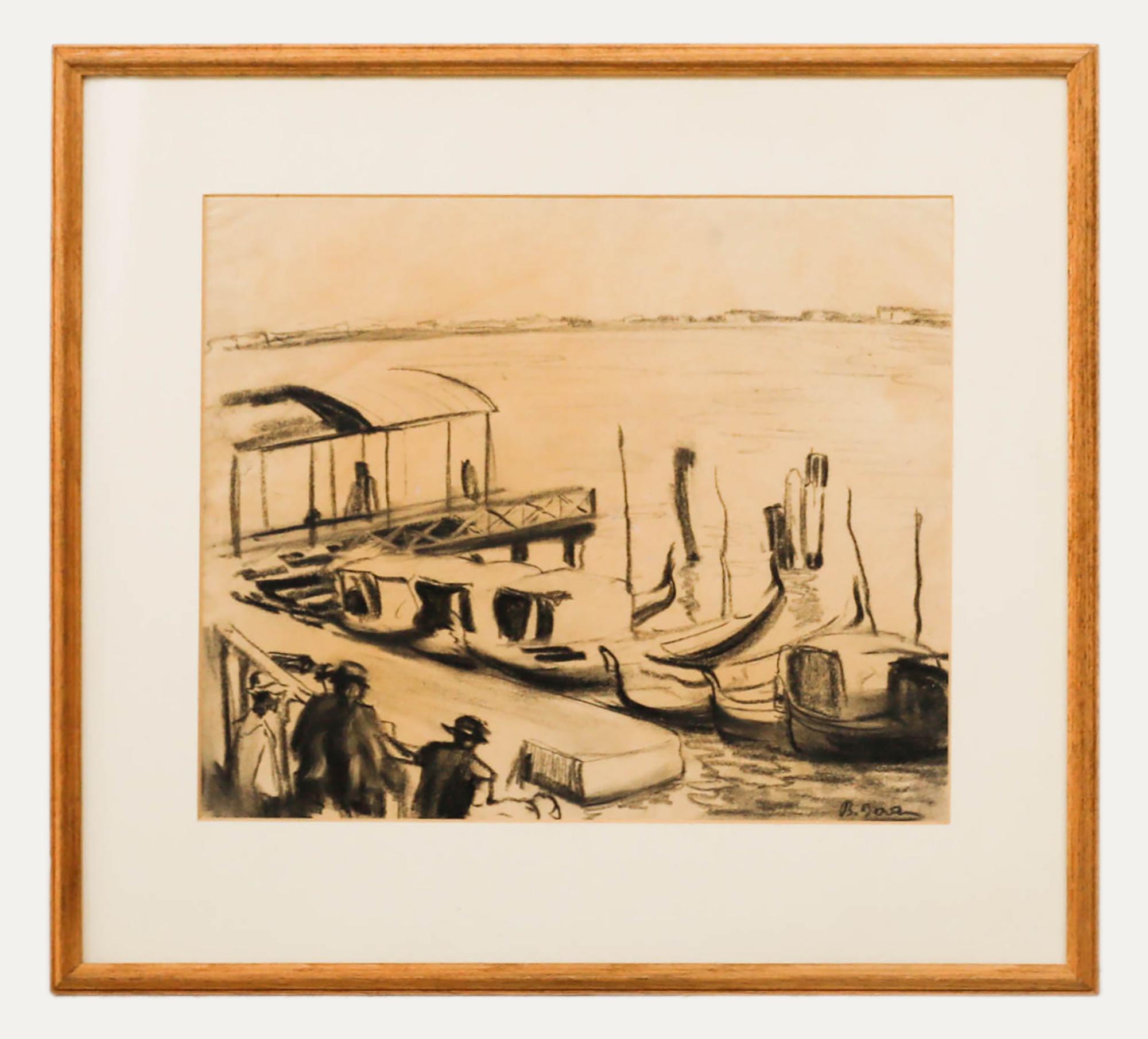 Landscape Art di Unknown - Disegno a carboncino della metà del XX secolo incorniciato - Gondola Jetty