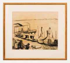 Drawing au fusain encadré du milieu du 20e siècle - Gondola Jetty
