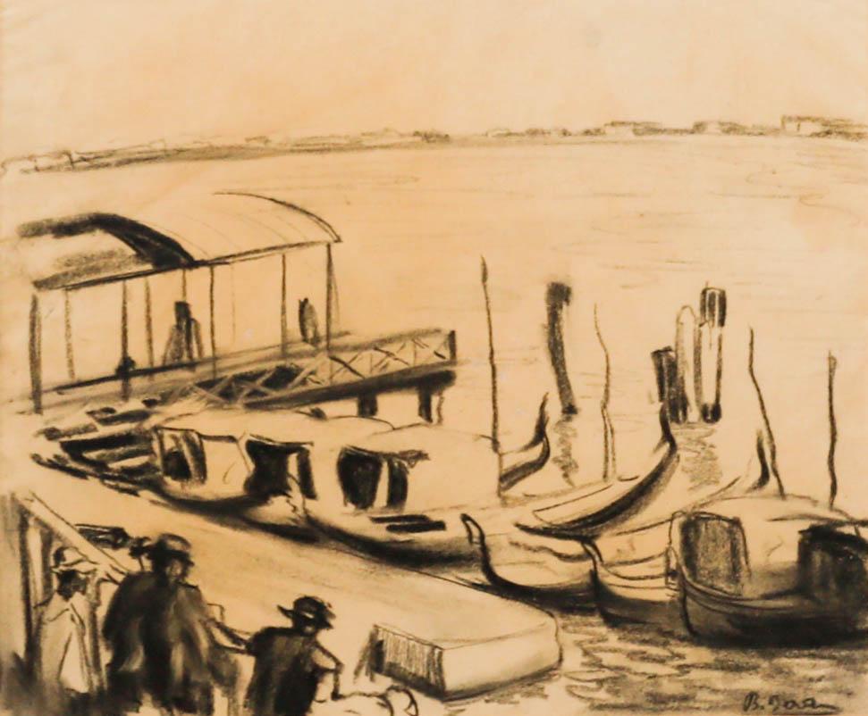 Disegno a carboncino della metà del XX secolo incorniciato - Gondola Jetty - Art di Unknown