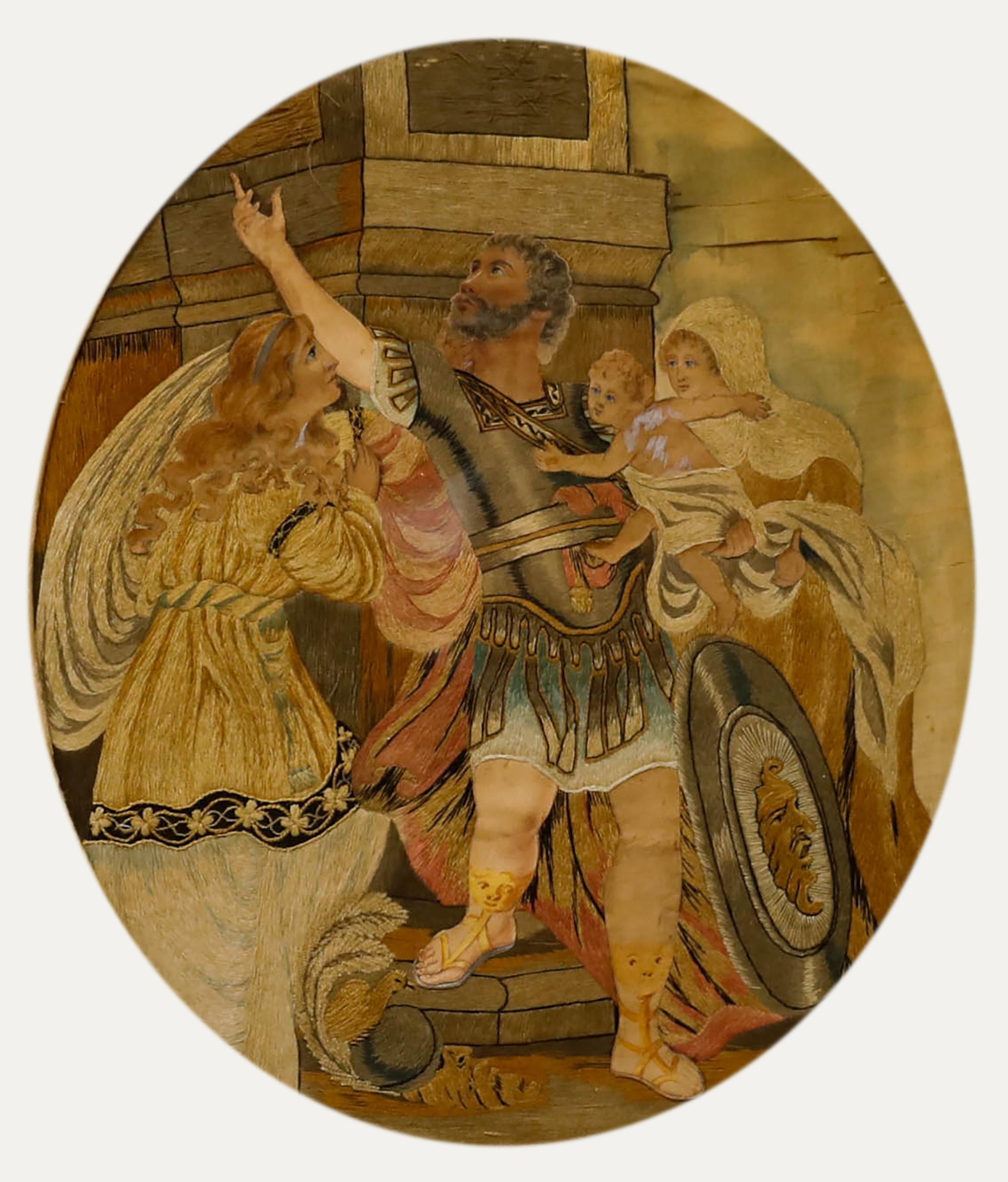 Ricamo dell'inizio del XIX secolo con dettagli di collage ad acquerello. Senza segno. Presentato in una cornice in stile Hogarth con una montatura in seta damascata. Sul pannello.