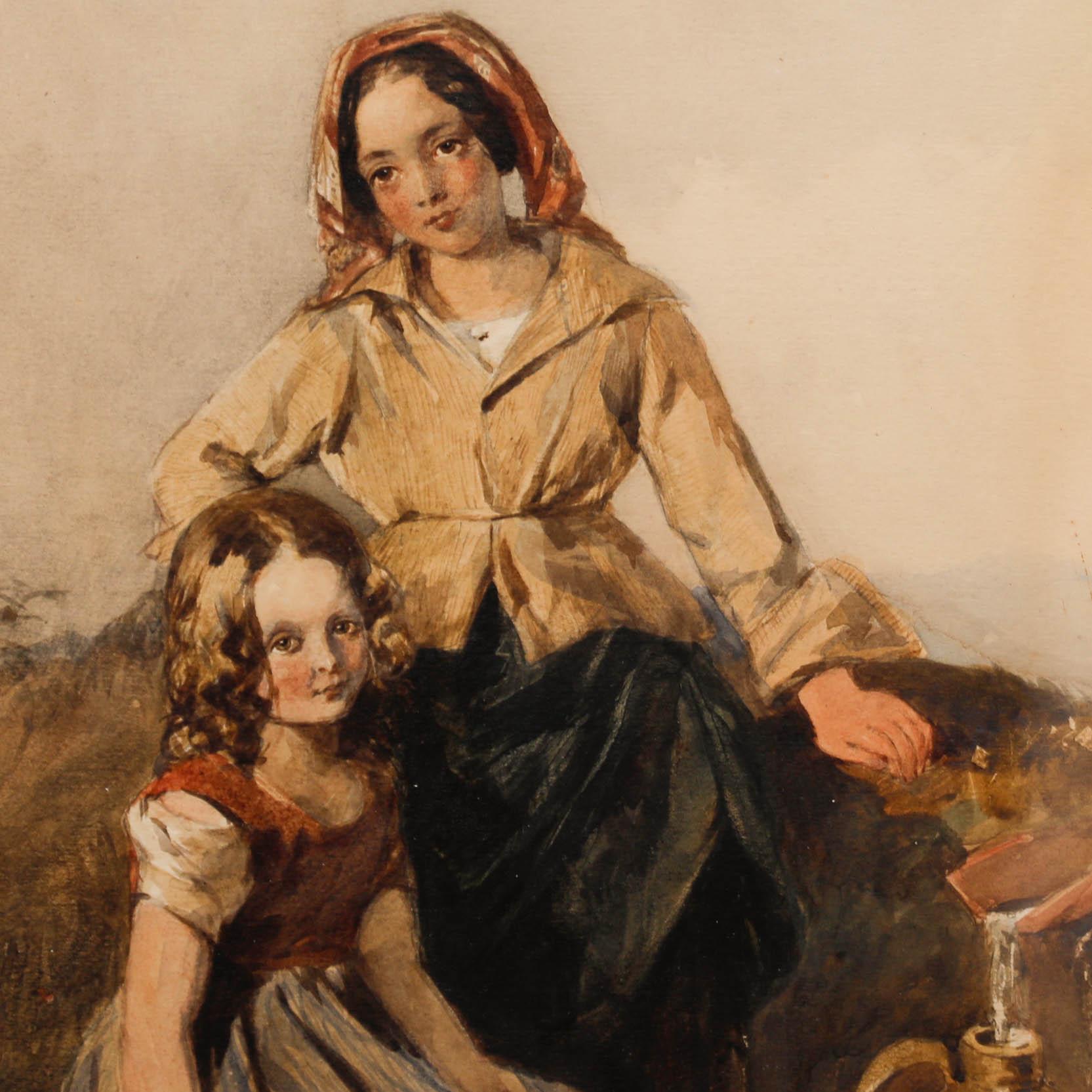 A charming watercolor portrait depicting a mother and child fetching water. Presented in a pierced gilt frame with scrolling acanthus details. On paper.