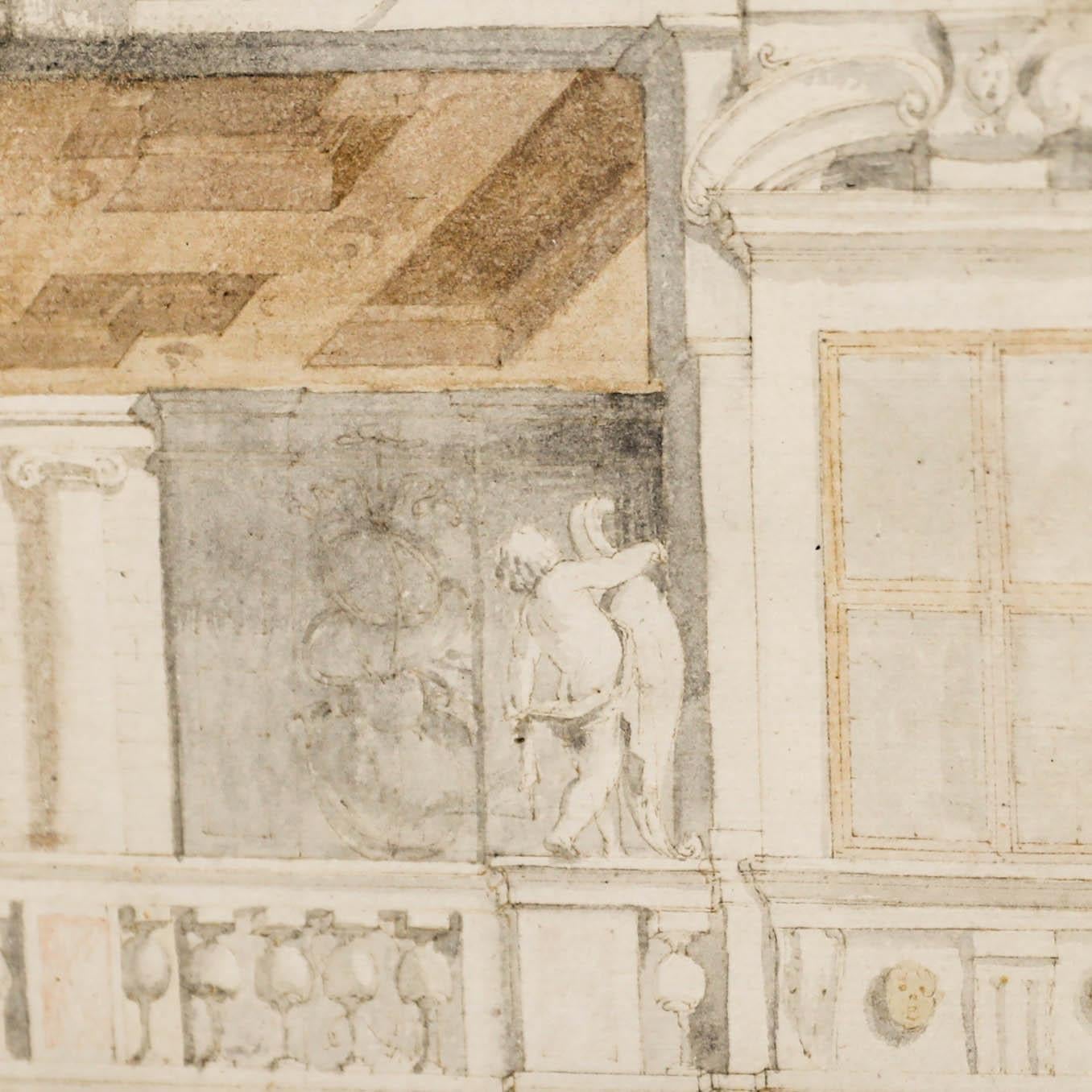 A charming watercolor Baroque architectural study. Unsigned. Presented in a gilt frame and wash line mount. On Laid paper.