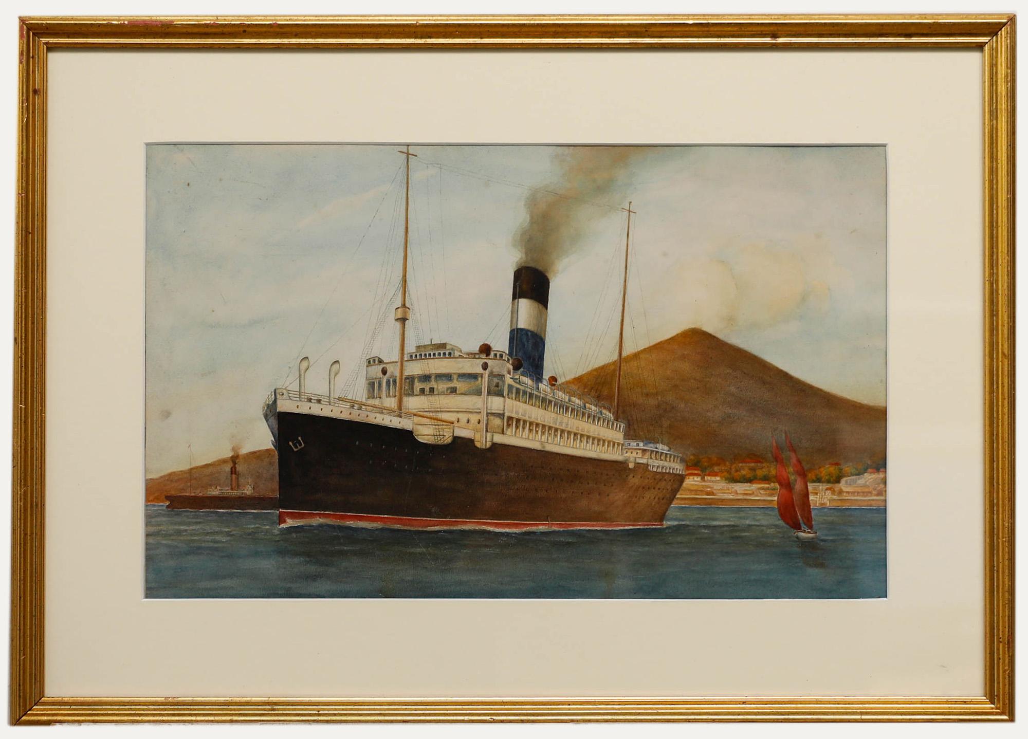 Figurative Art de Unknown - Acuarela enmarcada de finales del siglo XIX - Estudio de un barco de vapor de pasajeros