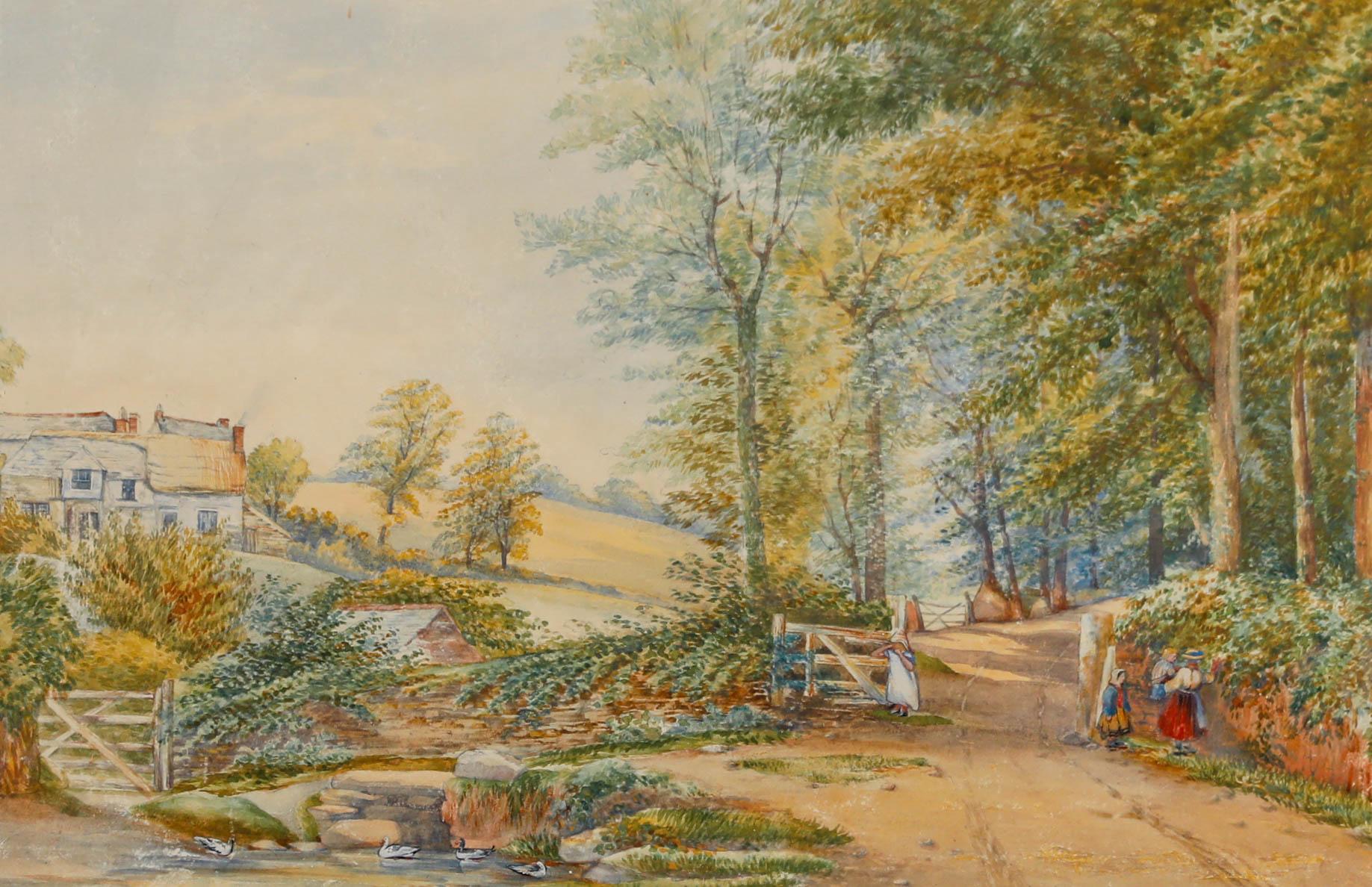 Aquarelle encadrée de la fin du 19e siècle - Cueillette près de l'étang aux canards - Art de Unknown