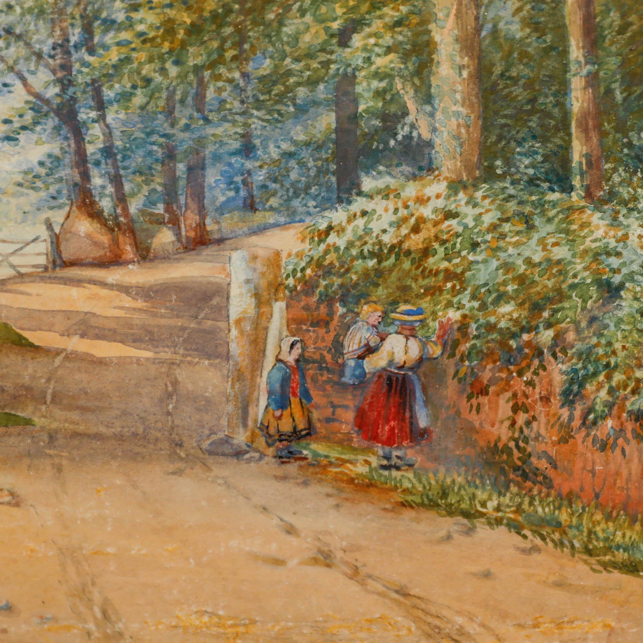 Aquarelle encadrée de la fin du 19e siècle - Cueillette près de l'étang aux canards en vente 1