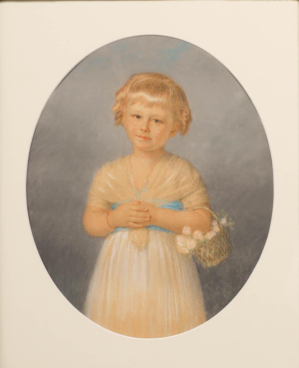 Acuarela del siglo XIX - Niña con cesta de flores - Art de Unknown