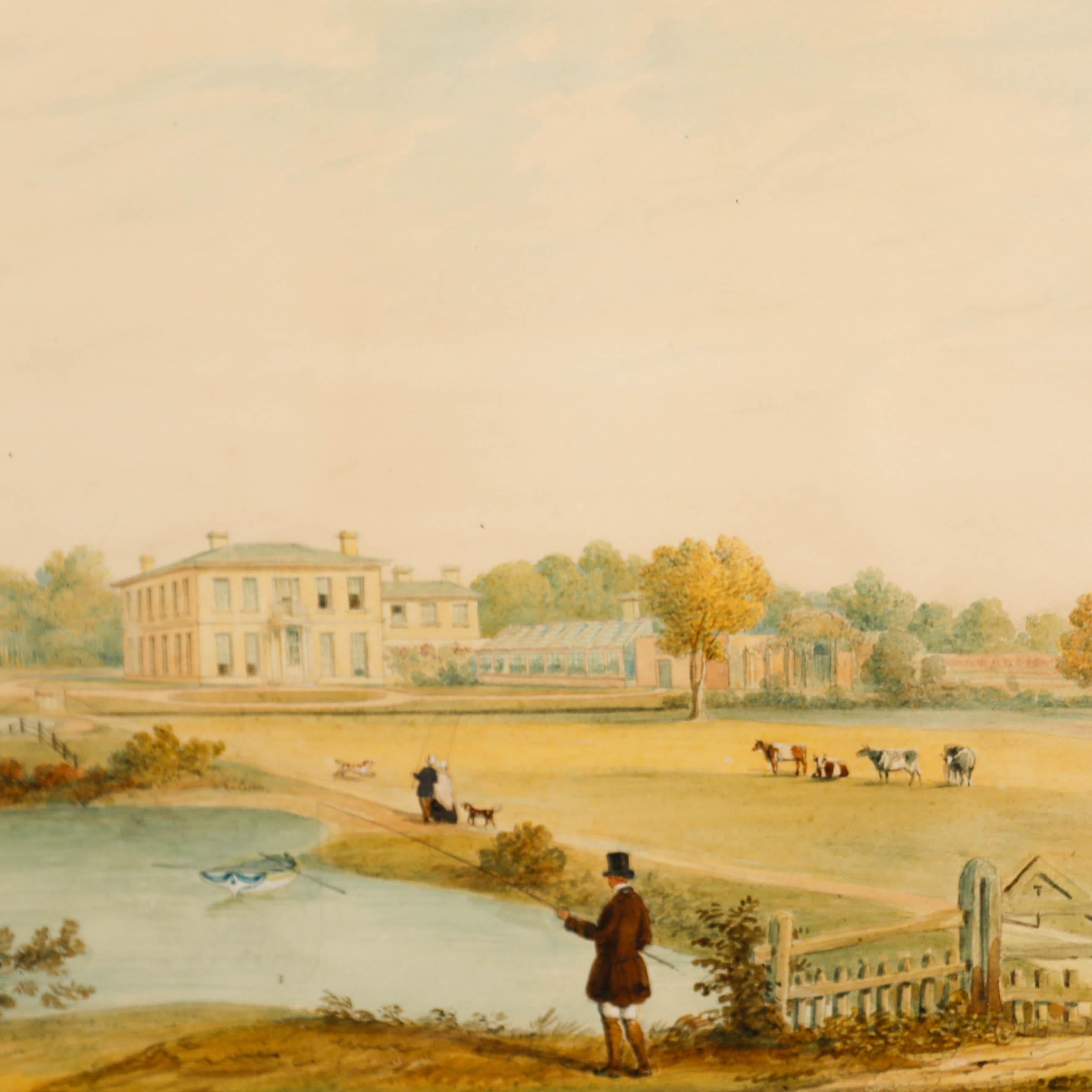 A charming watercolor scene depicting a country manor with a Victorian glasshouse in the grounds. Unsigned. Presented in a gilt frame. On paper.