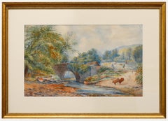 Aquarelle encadrée de la fin du 19e siècle - Bouvier déplaçant le bétail