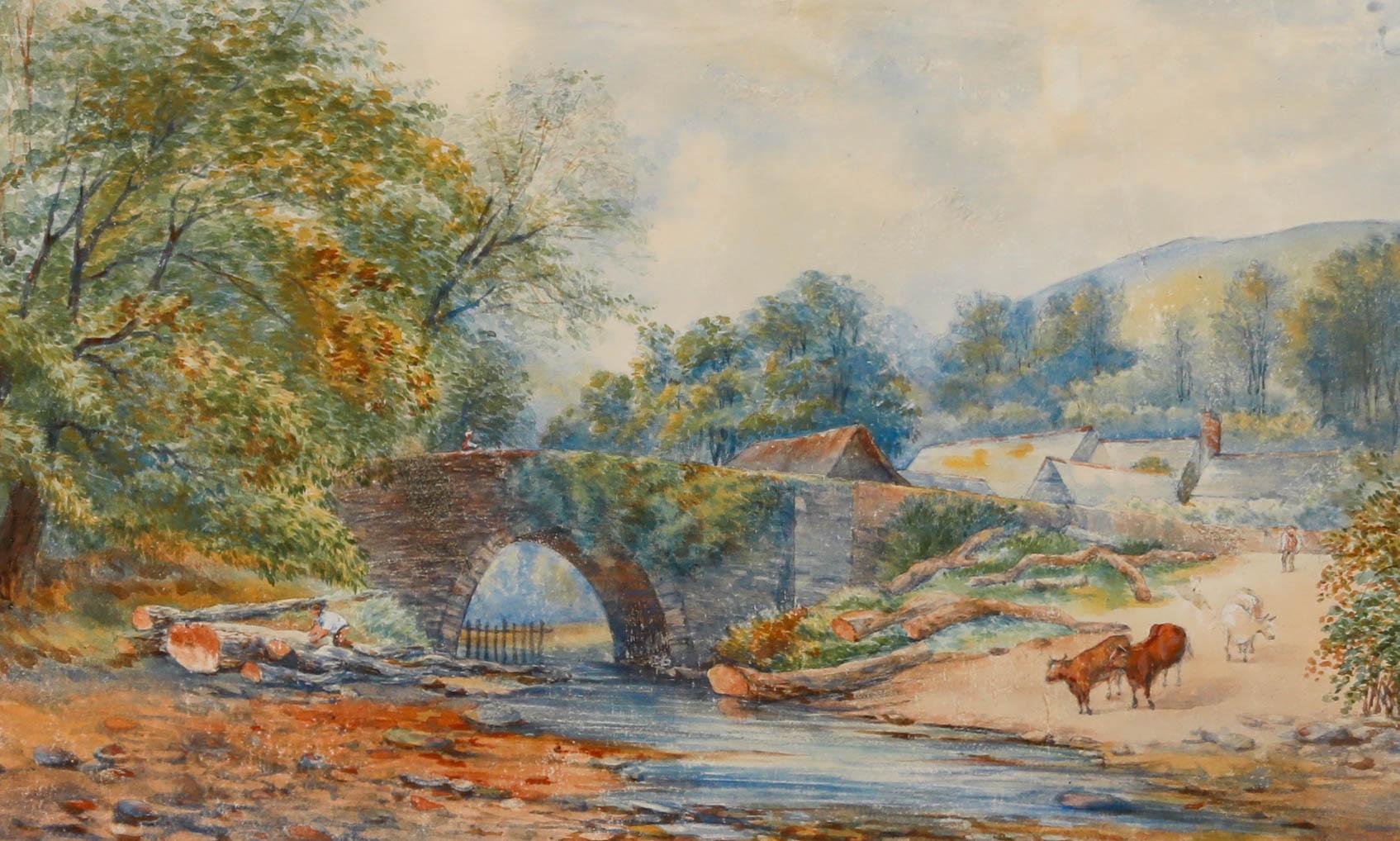 Aquarelle encadrée de la fin du 19e siècle - Bouvier déplaçant le bétail - Art de Unknown