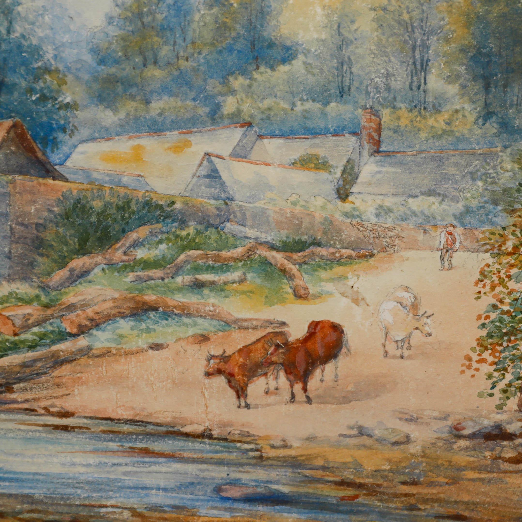 Scène rurale à l'aquarelle. Présenté dans un cadre à effet doré avec un support en carton. Non signée. Sur papier aquarelle.