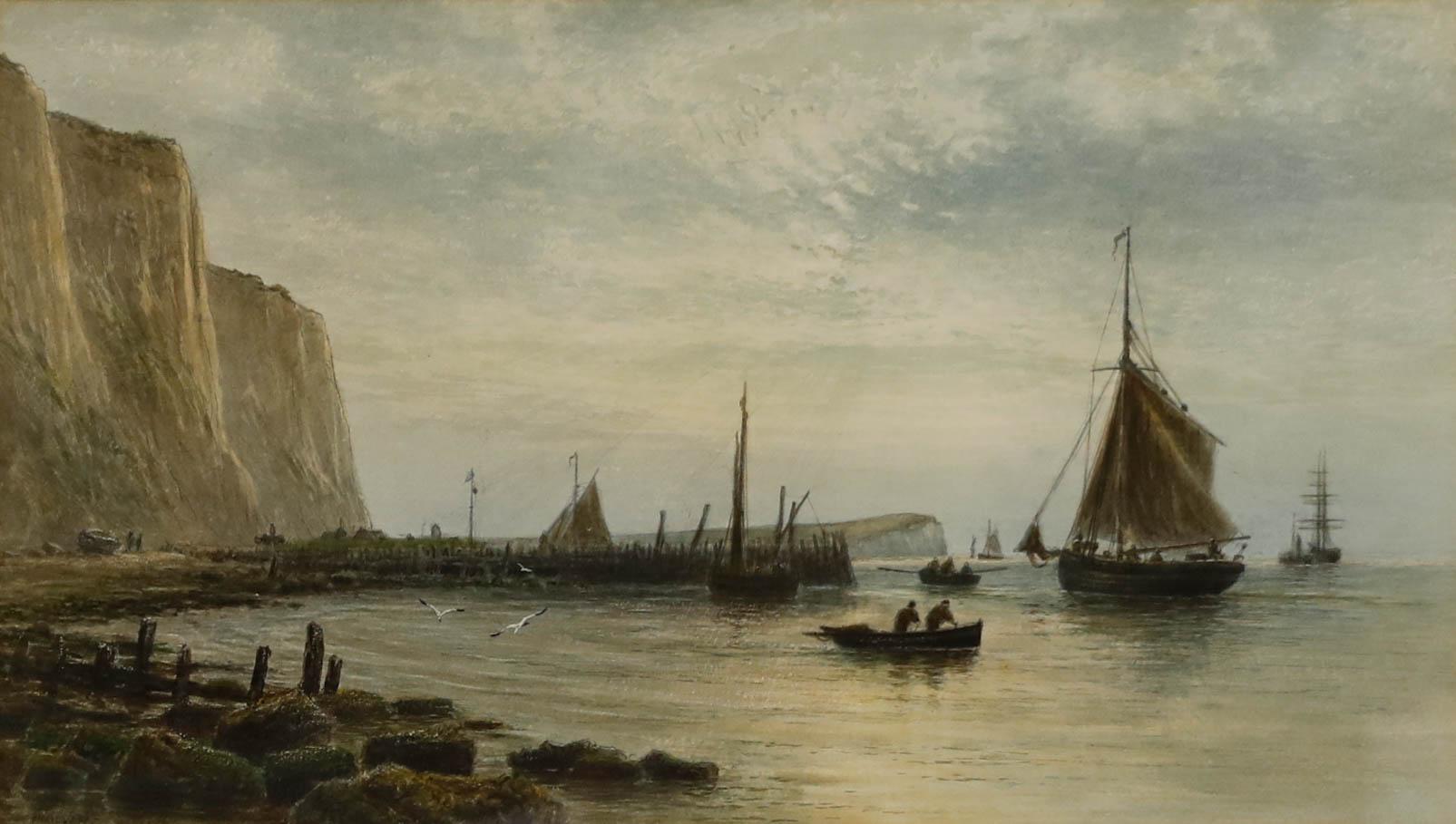 Fredrick Miller (fl.1880-1892) - Gerahmtes Aquarell, Boote, die in Newhaven ankommen – Art von Unknown